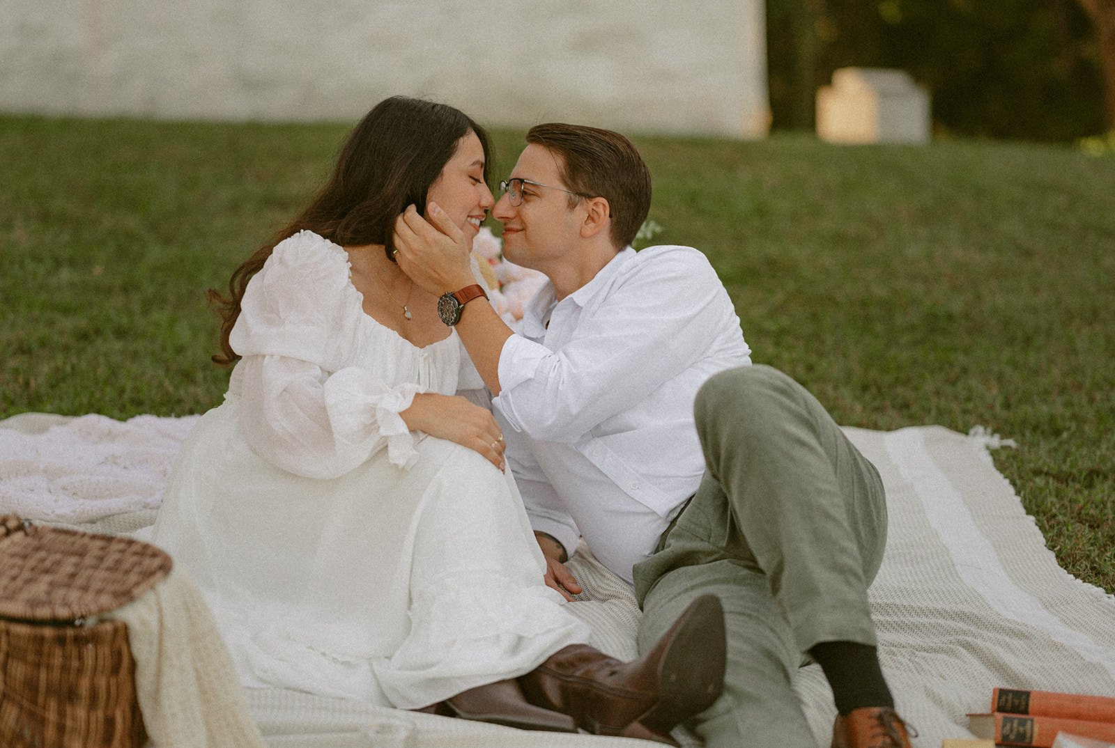 Couple enjoying a quiet moment  together during cinematic Pride and Prejudice–inspired engagement photoshoot in Southern Maryland.
