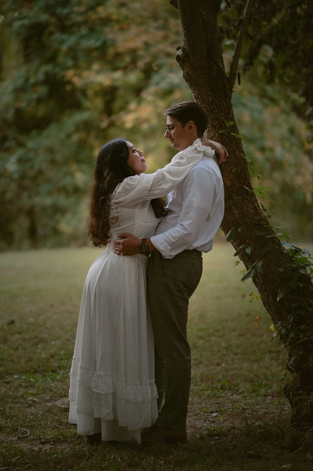 Close-up cinematic portrait of engaged couple inspired by Pride and Prejudice, Southern Maryland.