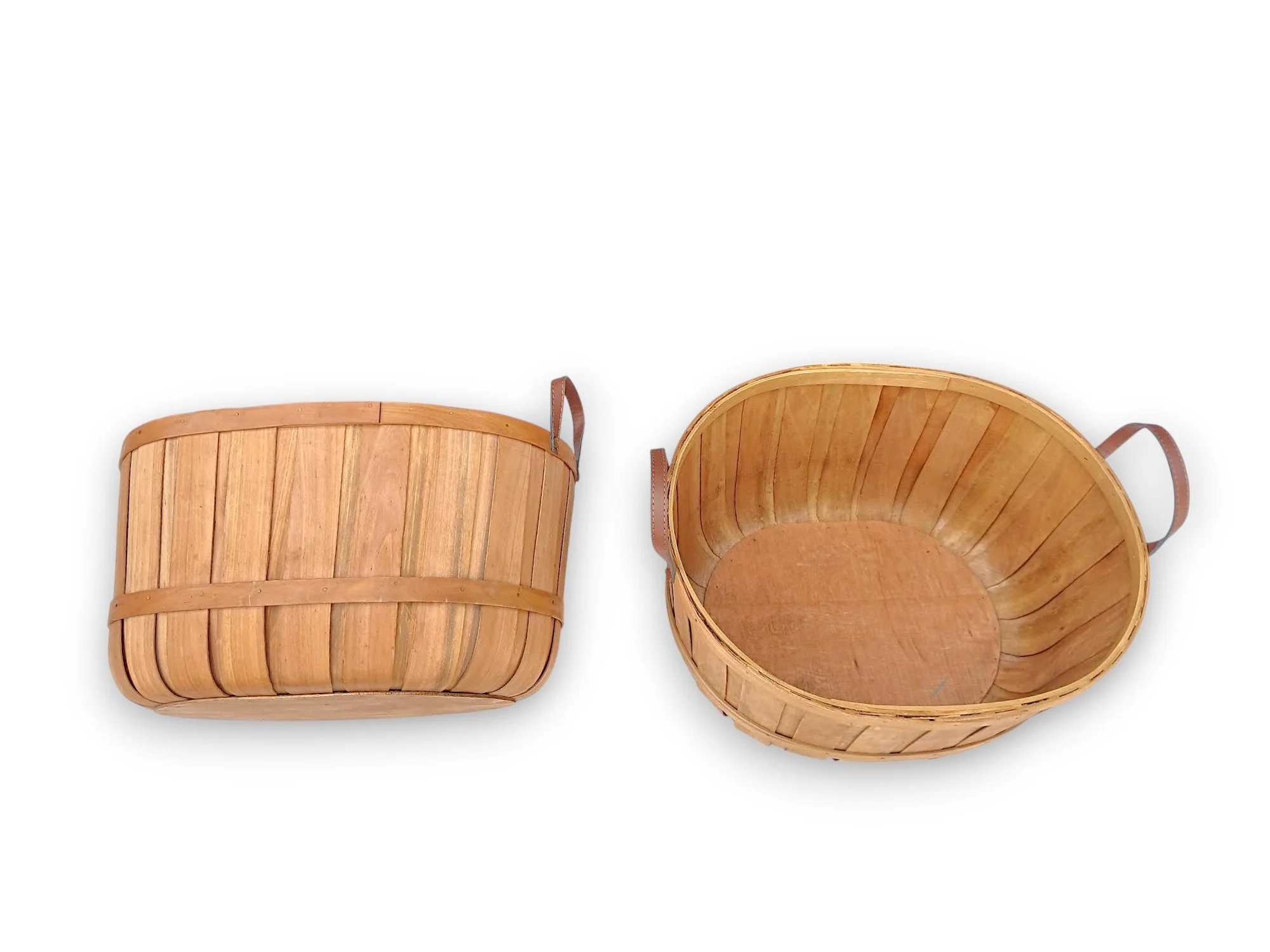 Large Wood Basket Leather Handles