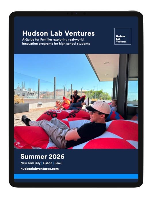 A brochure titled 'Hudson Lab Ventures,' featuring a group of high school students relaxing outdoors on a balcony with red bean bags, overlooking a cityscape, for a guide about exploring innovation programs in New York City, Lisbon, and Seoul, summer 2026.