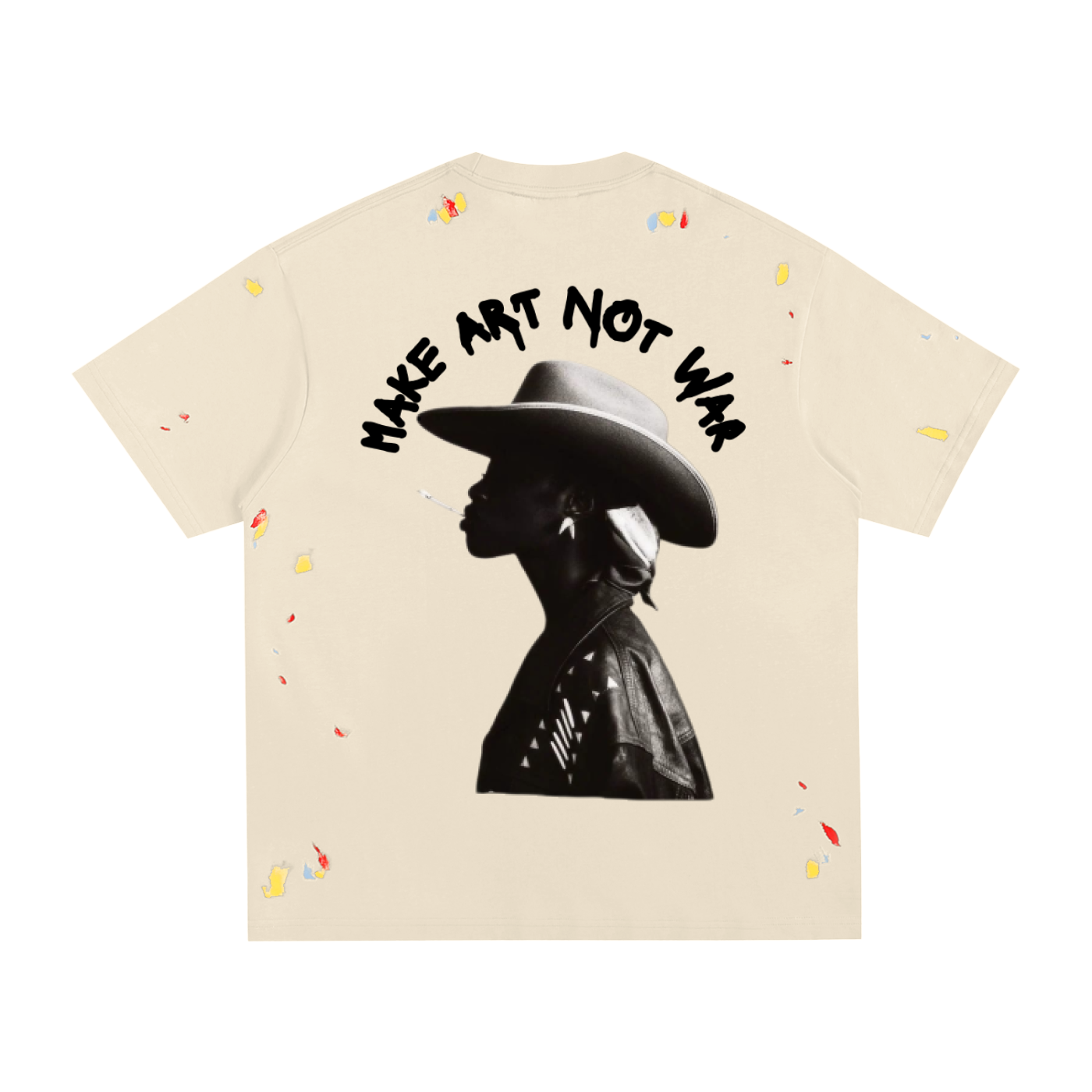 Make Art Not War oversized graphic t-shirt from the Eighty84 Juneteenth Collection featuring a portrait graphic, paint splatter details, and heavyweight cotton construction.