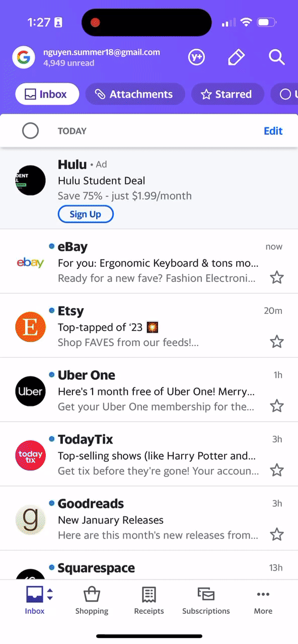 Gif of the new Yahoo Mail Plus post-subscription flow