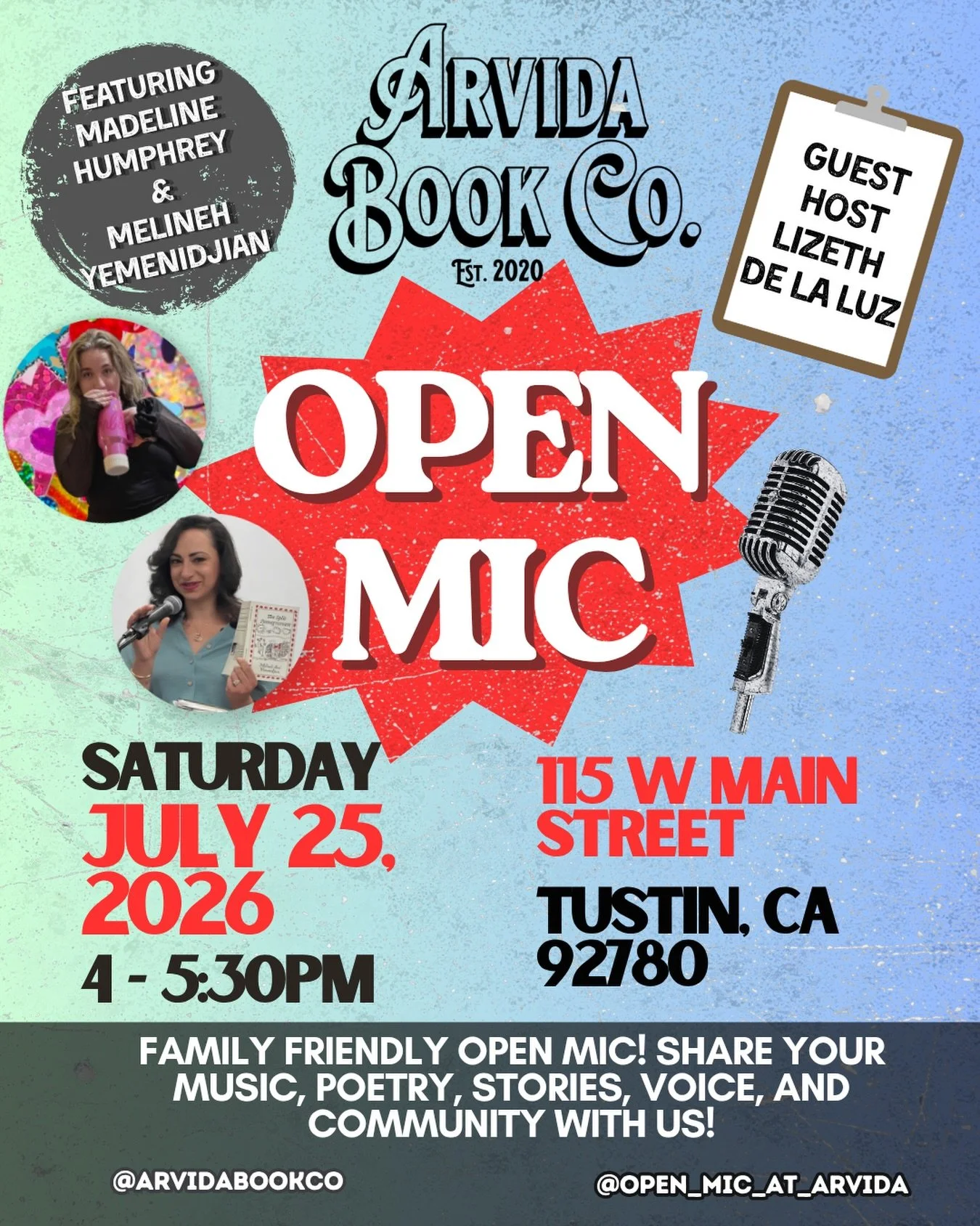 Hey hey! Join us this Saturday for a special open mic featuring two stunning poets: Madeline Humphrey &amp; Melineh Yemenidjian 🫶🏾☀️

Shoutout to @thepartypoet and @letrasbyalex for inviting me to guest host this month. Let&rsquo;s rewind to 2025 w