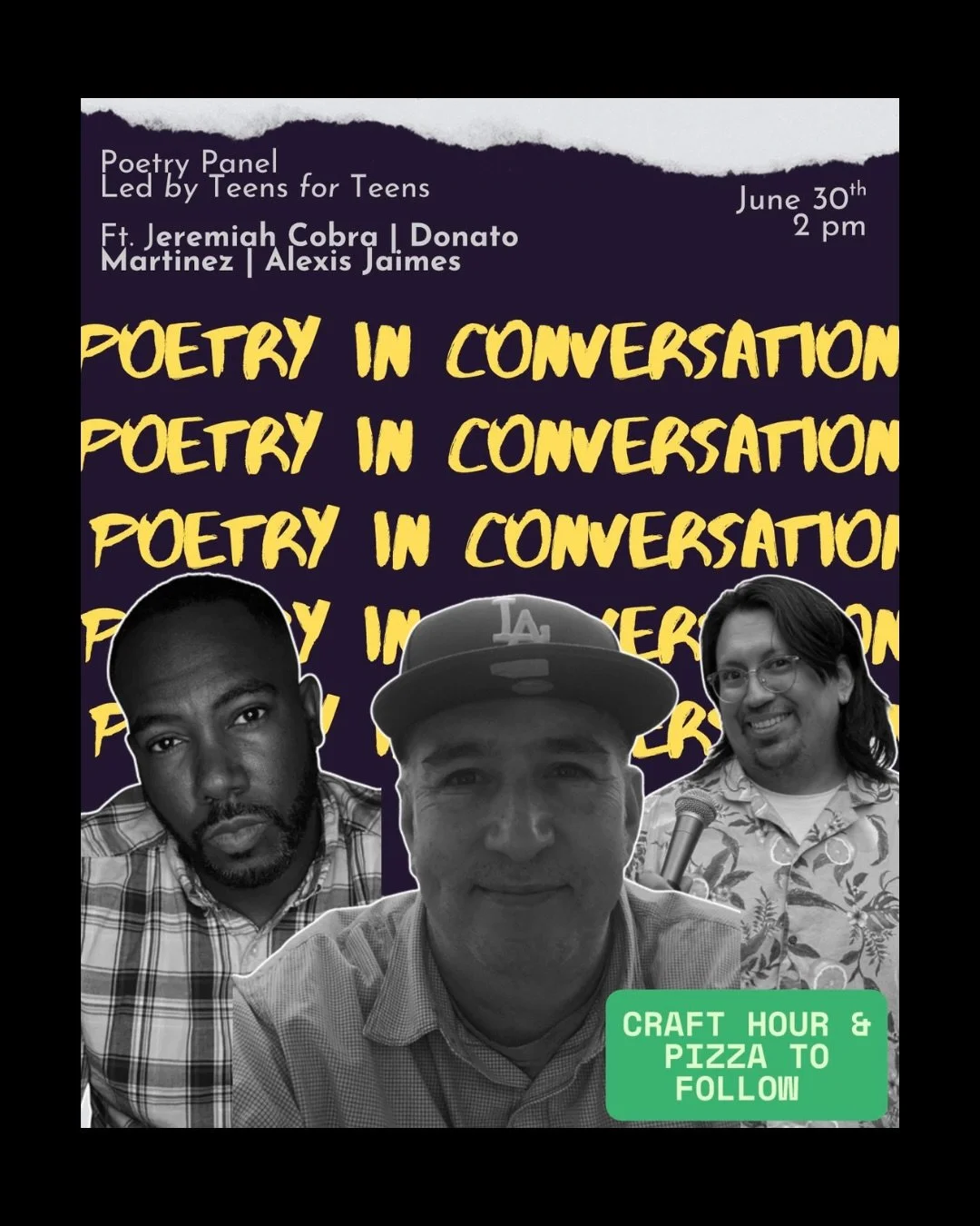 Calling all teens ☀️

Poetry in Conversation is happening THIS Tuesday at 2 pm in the Arvida Patio 

📍 115 W. Main Street, Tustin, CA 92780

This is our second event in our summer teen programming series and our first event followed by a craft hour 