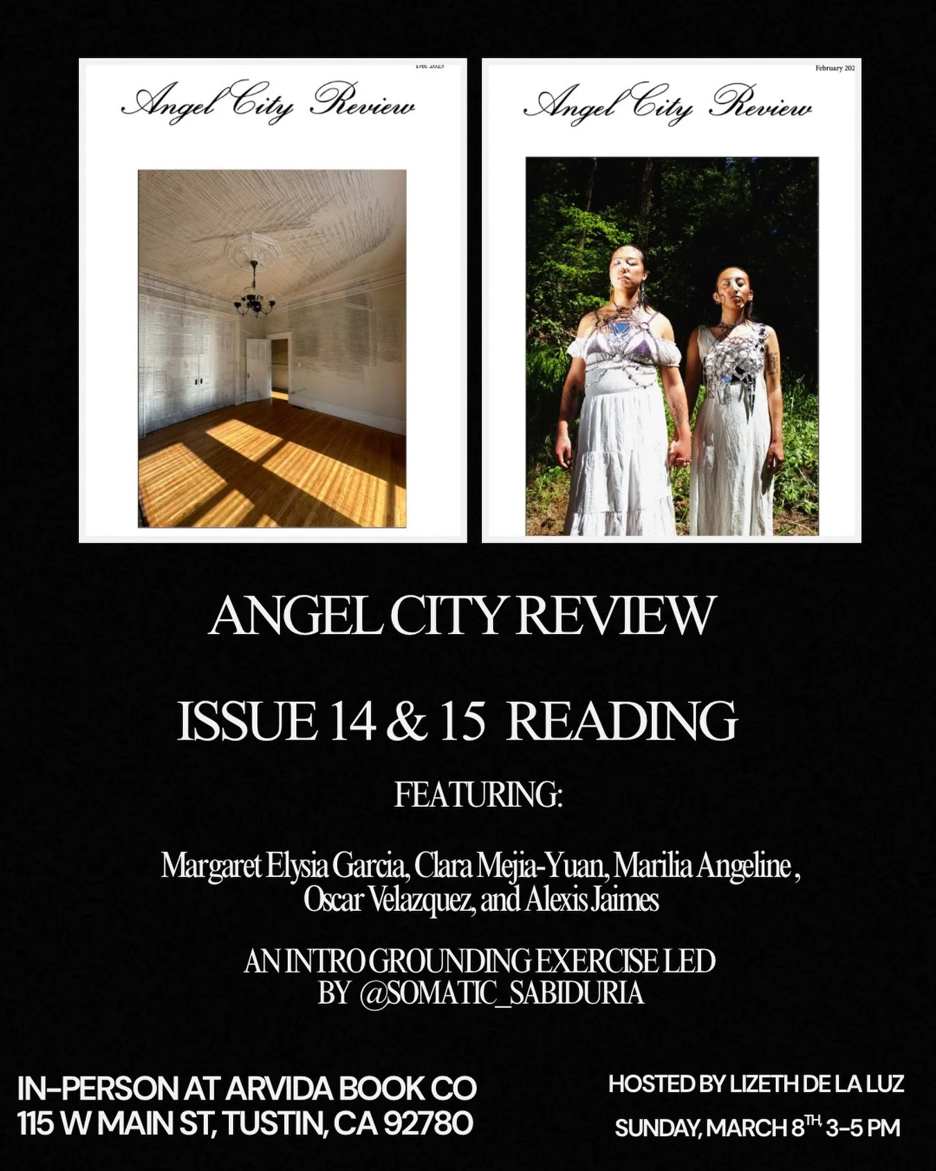 Join us in celebrating the release of Issue 14 &amp; 15 of Angel City Review this Sunday at @arvidabookco 

We will be starting our reading with a grounding exercise led by @somatic_sabiduria then hear from our featured readers. 

⏰ 3-5 pm 
📍Patio o