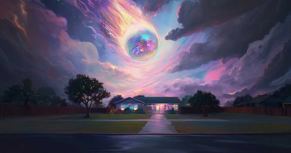 Image of a suburban house from afar with pink and blue swirly clouds and dramatic lighting, with a disco ball meteor about to crash into the house.
