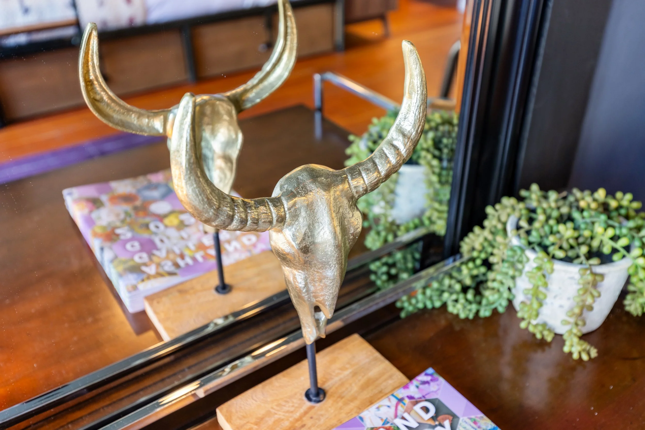 A close-up of the thrifted decor in the Oblivion Room, a small potted plant and a metal cast of a bovine skull with a mirrored background.