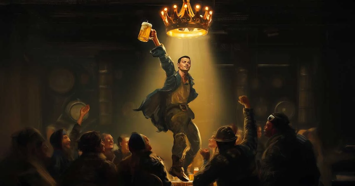Image of the Oregon Shakespeare Festival 2026 Henry IV, Part One promotional image showing a man dancing in a bar holding a beer surrounded by a crowd.