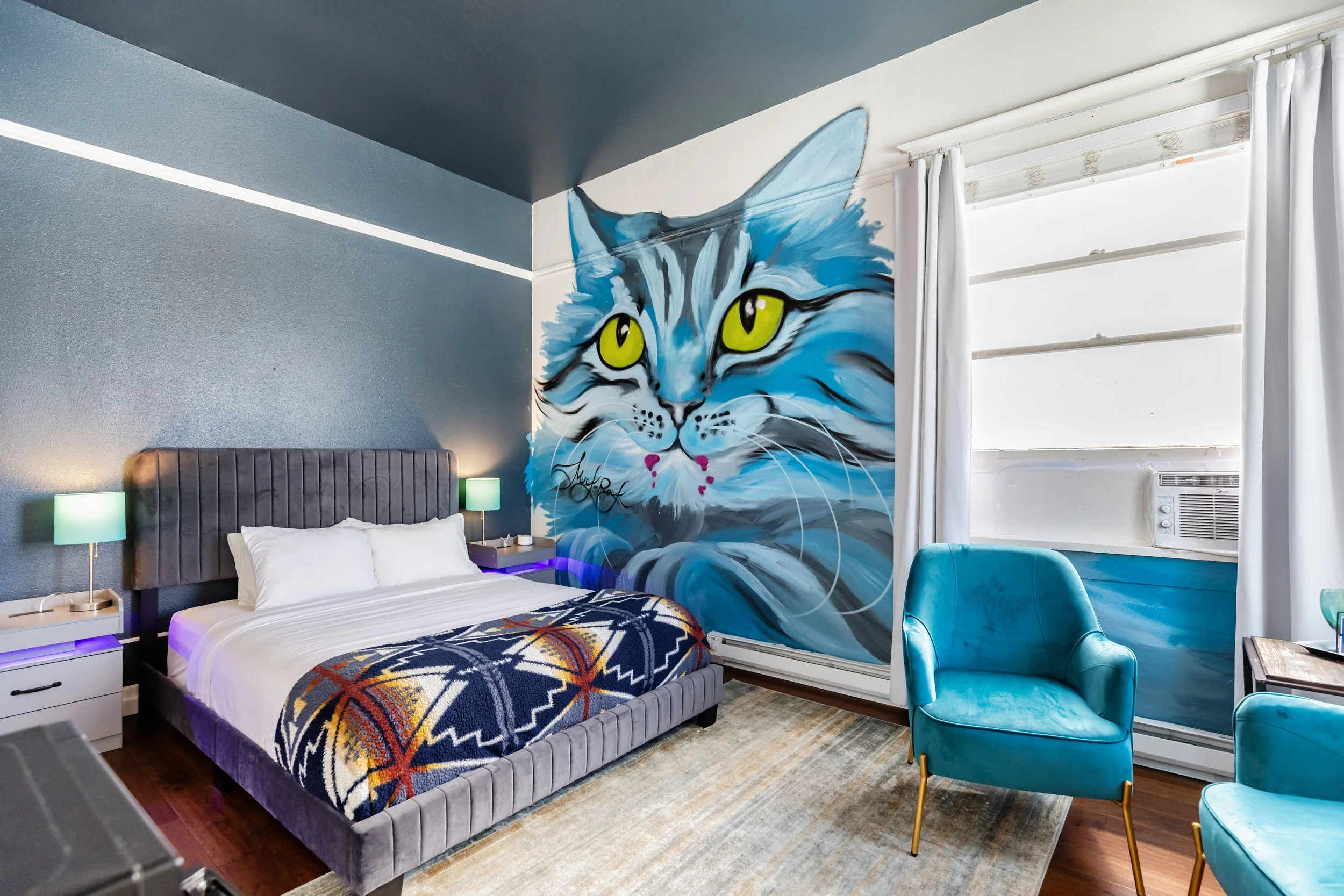 The Blue Cat Room, a cozy Queen size room with a private bathroom that sleeps two.