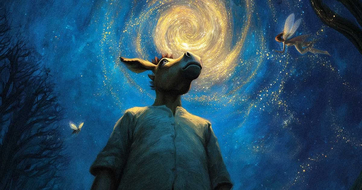 Oregon Shakespeare Festival 2026 promotional image for A Midsummer Night's Dream in Ashland Oregon with a mule-man and faeries looking up at a swirly blue and yellow magical sky.