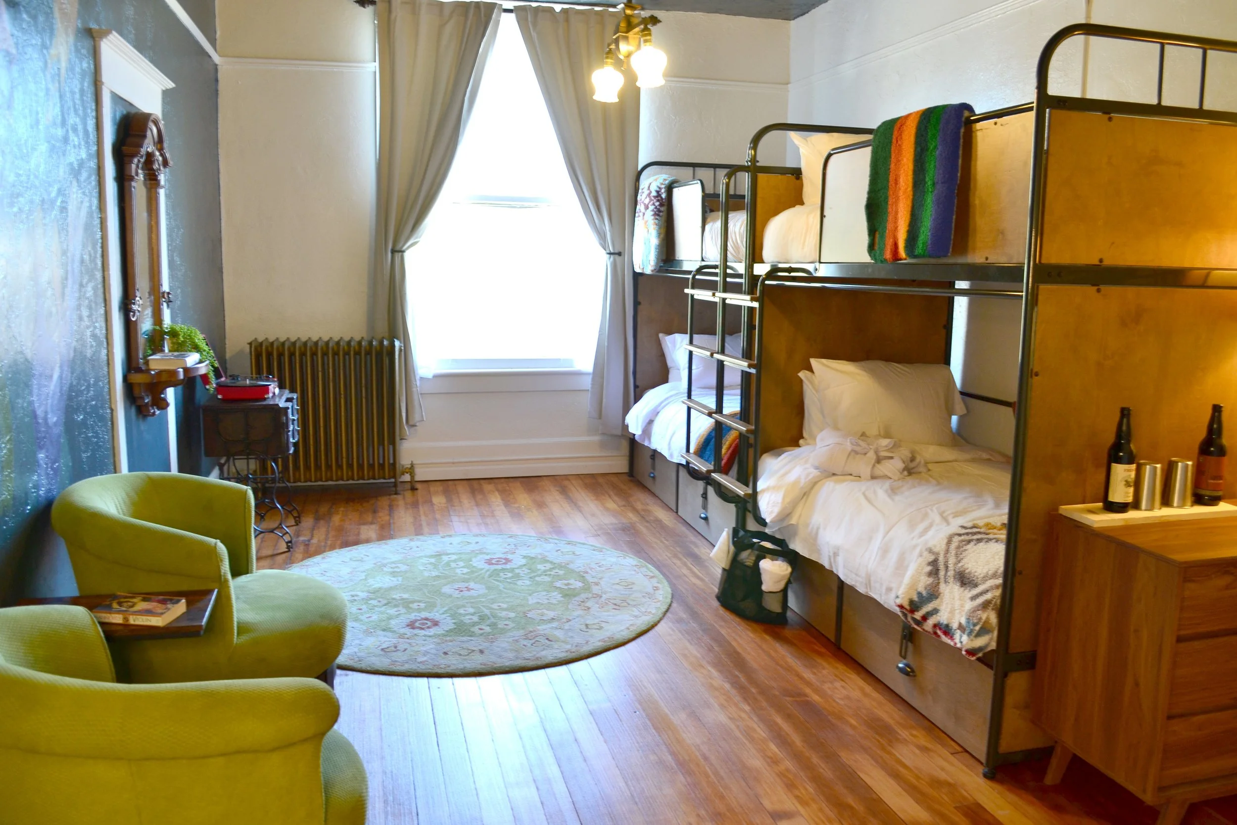 Dorm style bunk room accommodations at the columbia hotel for pct hikers in ashland oregon