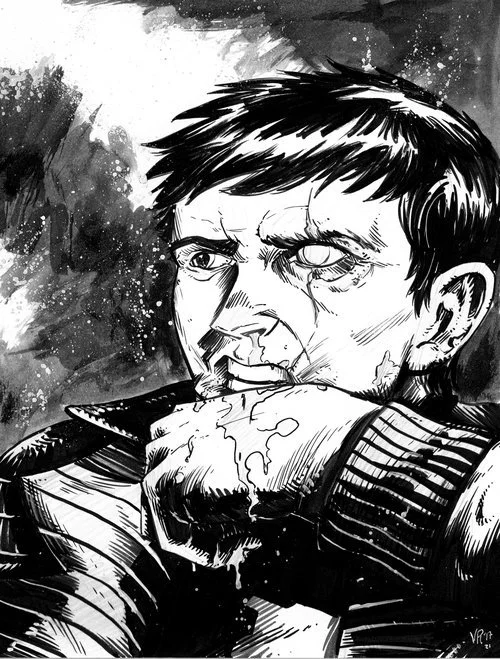 A black and white ink drawing of a man with short, dark hair, its shading and detail emphasizing emotion. The man appears to be in distress, with his eyes closed and a hand or arm resting against his face, looking pensive or sorrowful.