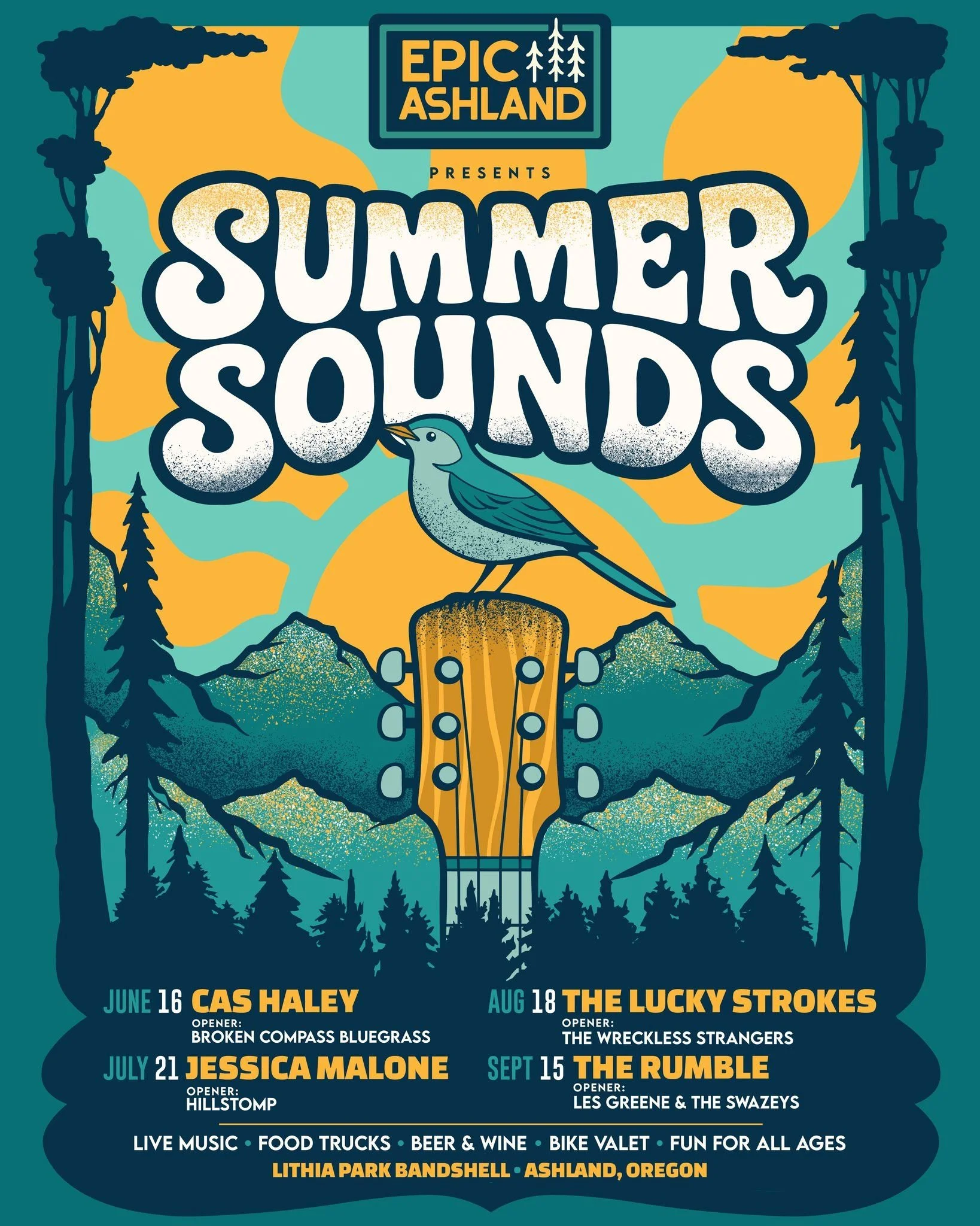 Poster for Epic Ashland's Summer Sounds music series featuring a bird perched on a guitar headstock, with trees, mountains, and a sunset in the background. Lists concert dates and performers from June through September, mentioning live music, food trucks, beer and wine, bike valet, and fun activities for all ages at Lithia Park Bandshell in Ashland, Oregon.