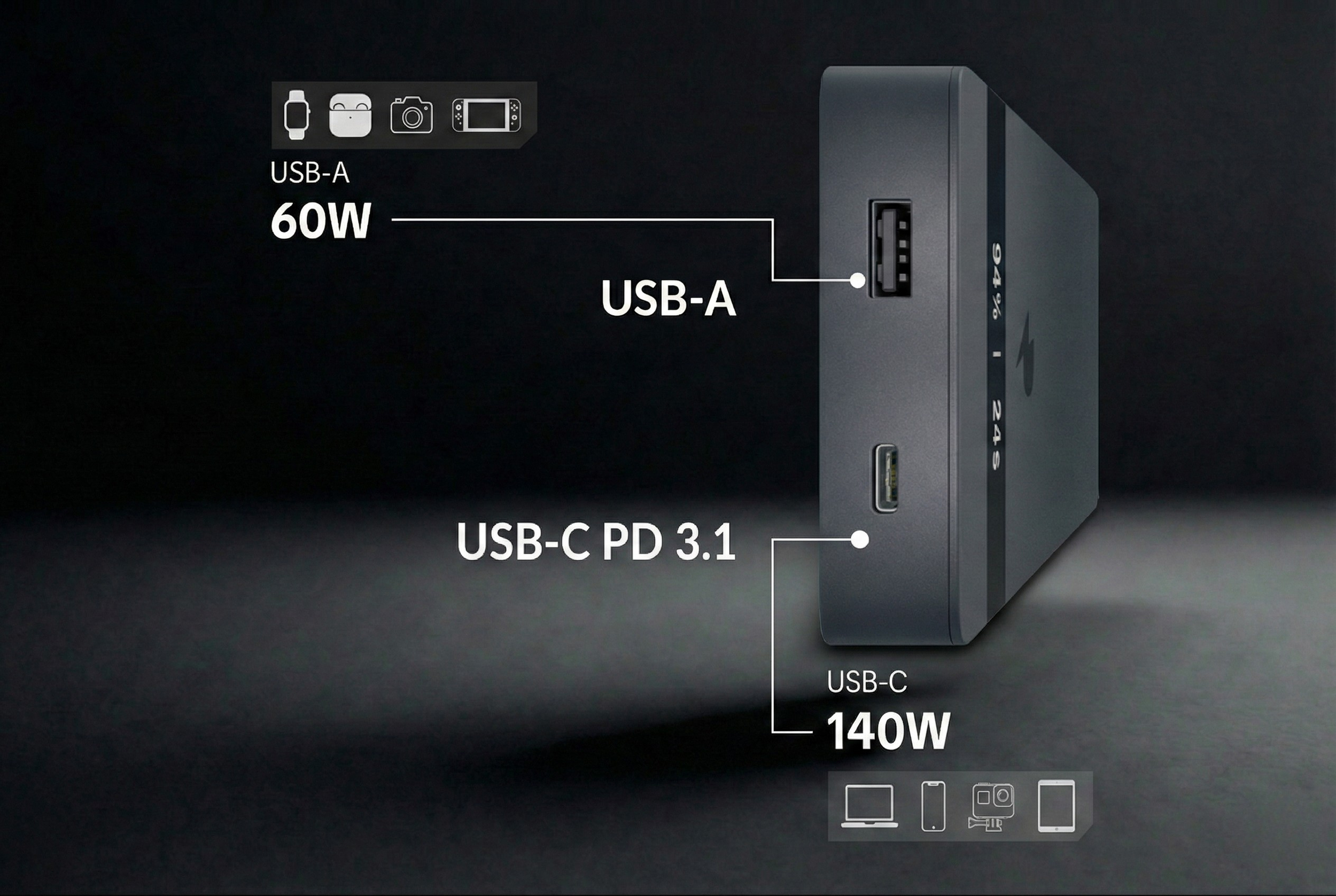 Pulsoniq 7 power bank with USB-C PD 3.1 and USB-A ports for broad device compatibility. Its USB-C PD 3.1 port with precise voltage regulation and thermal control for fast charging.