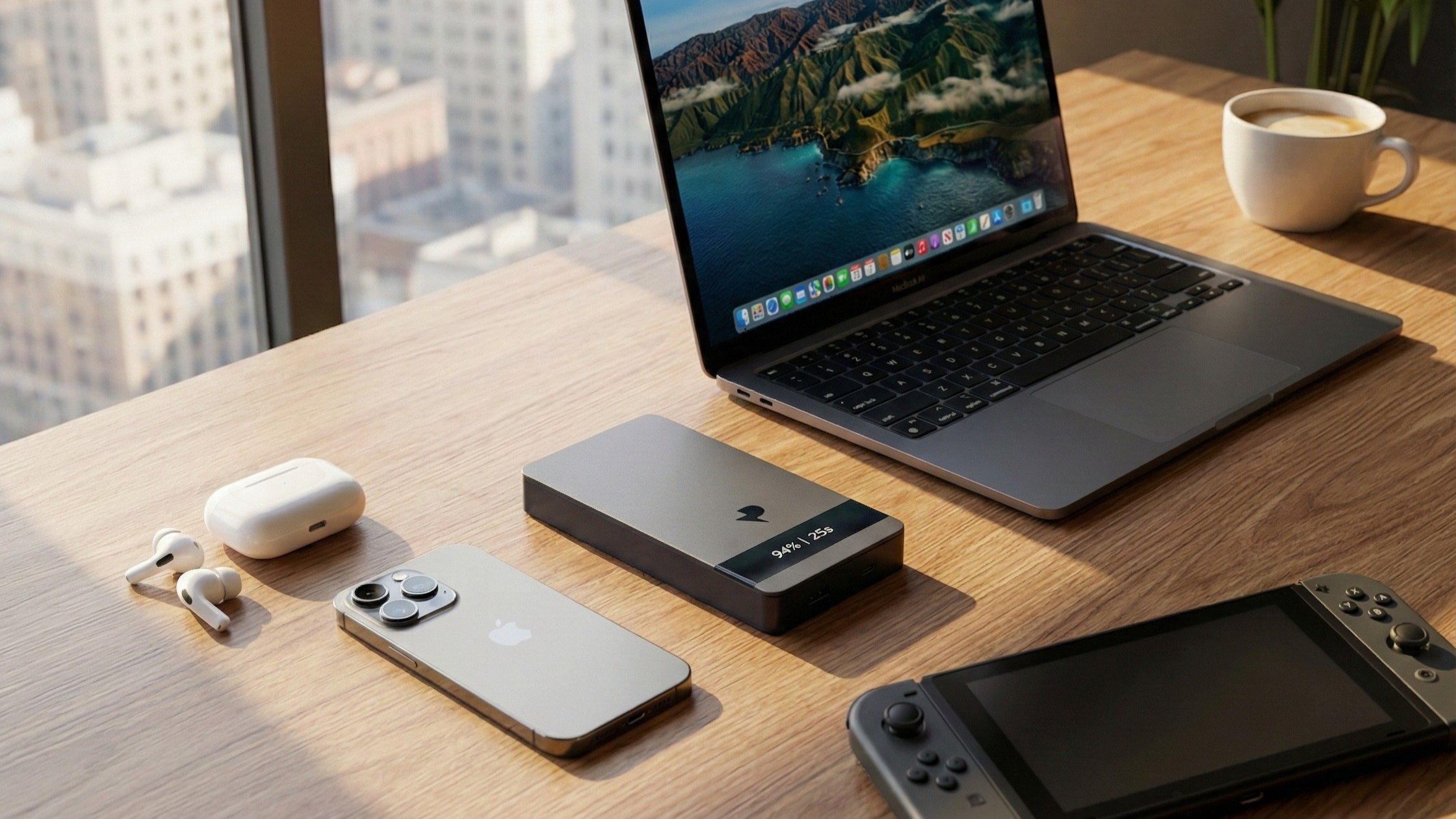 Pulsoniq 7 6,600mAh portable power bank to charge a laptop, phone, or tablet on the go.