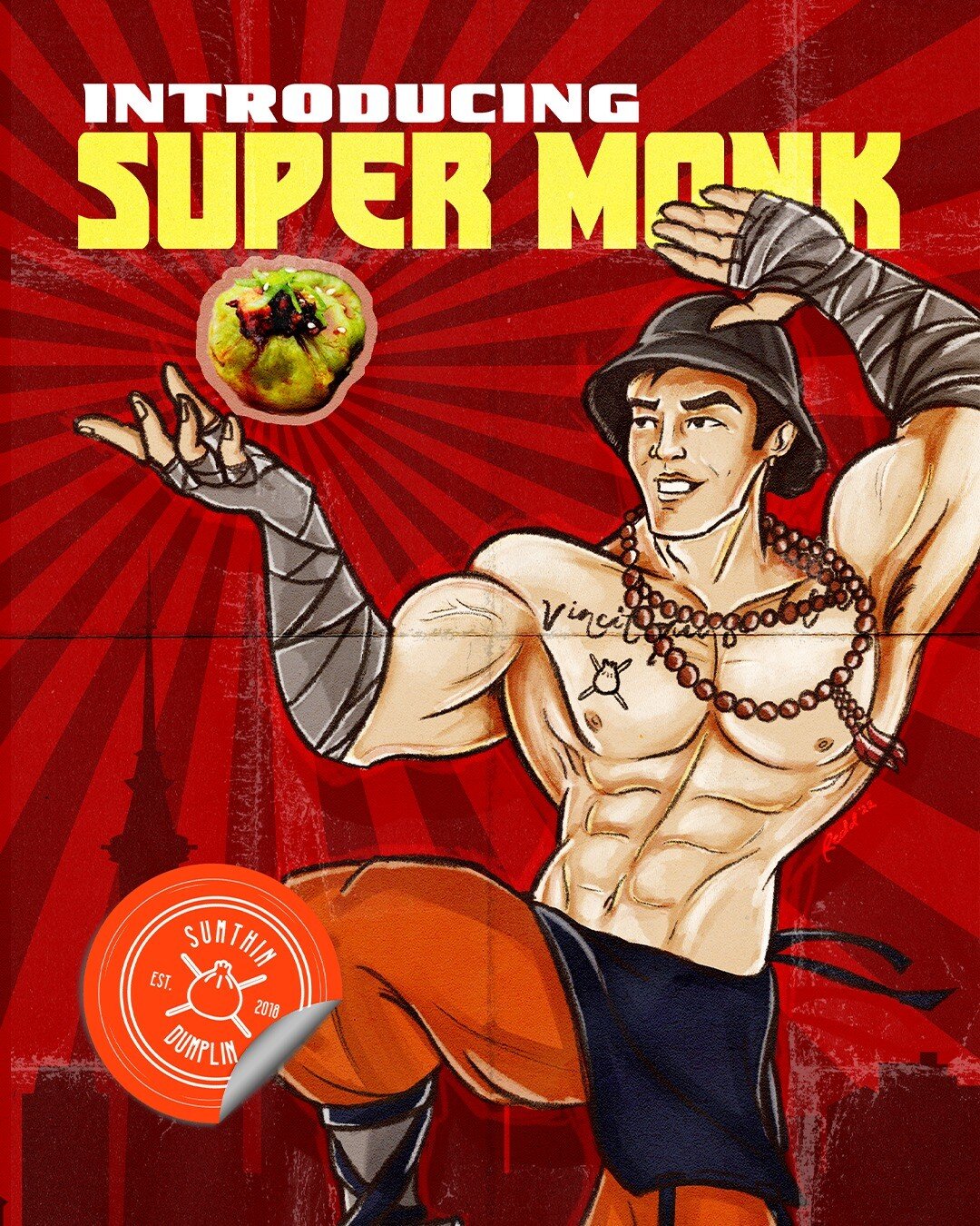Breaking my accidental IG Posting hiaturs to post this artwork! Honoured to be able to collaborate with @sumthindumplin and @thegreatnihs on creating a cool artwork to promote their new limited edition dumpling &quot;Super Monk&quot; This was the ver