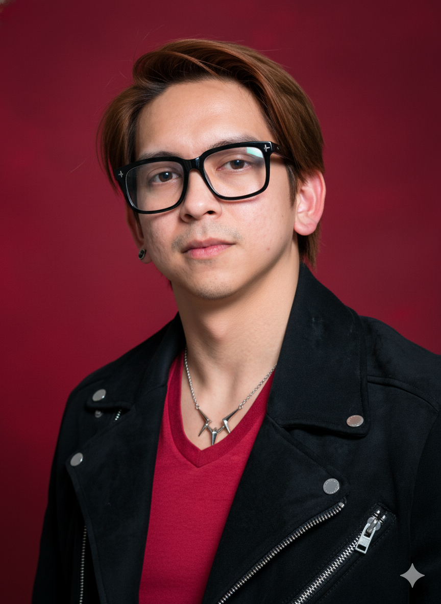 Portrait of a young man with brown hair, wearing black glasses, a black jacket, a red shirt, and a silver necklace against a maroon background.