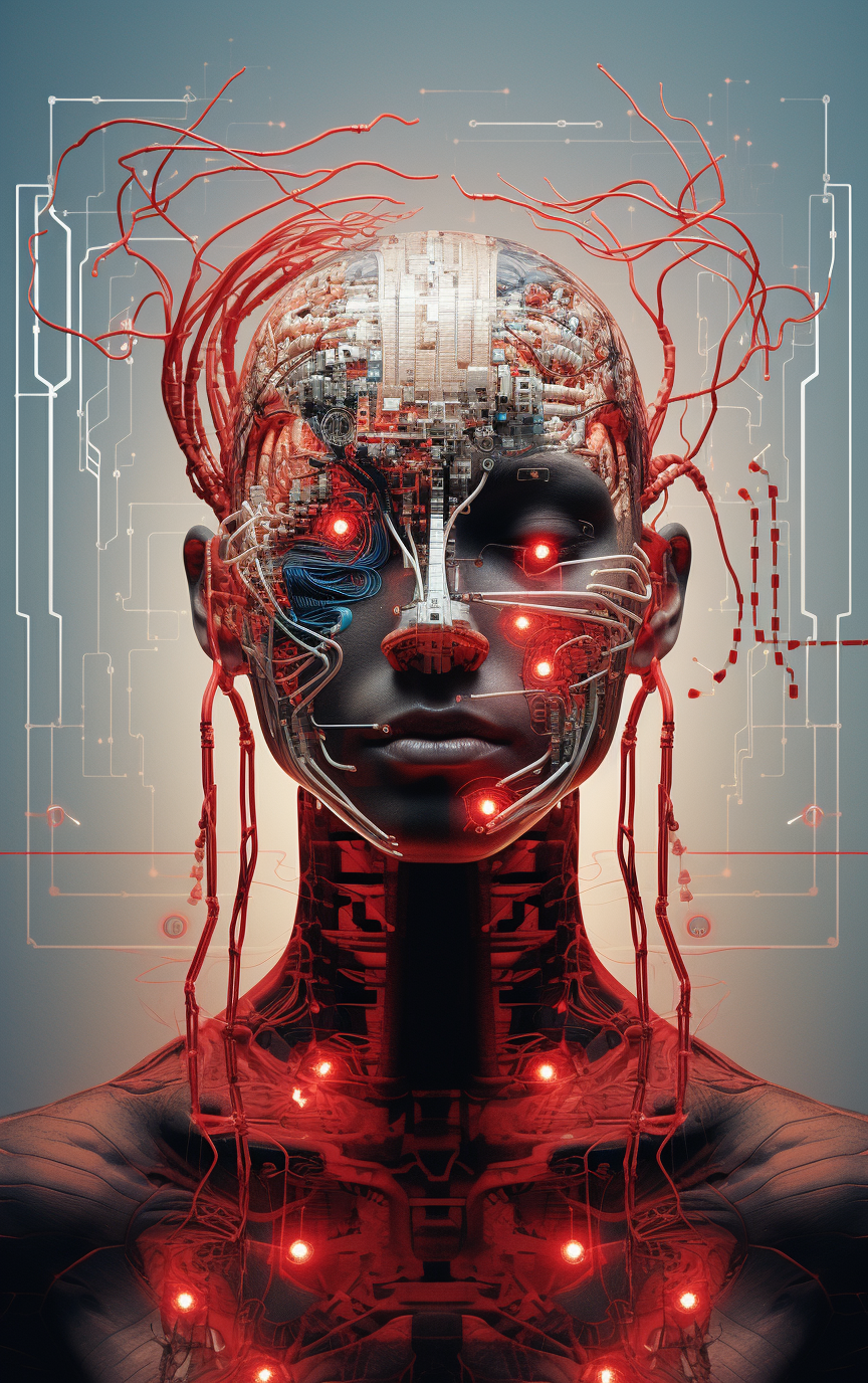 Illustration of a human head with exposed red circuitry and wiring, evoking the book's theme of medicine and AI