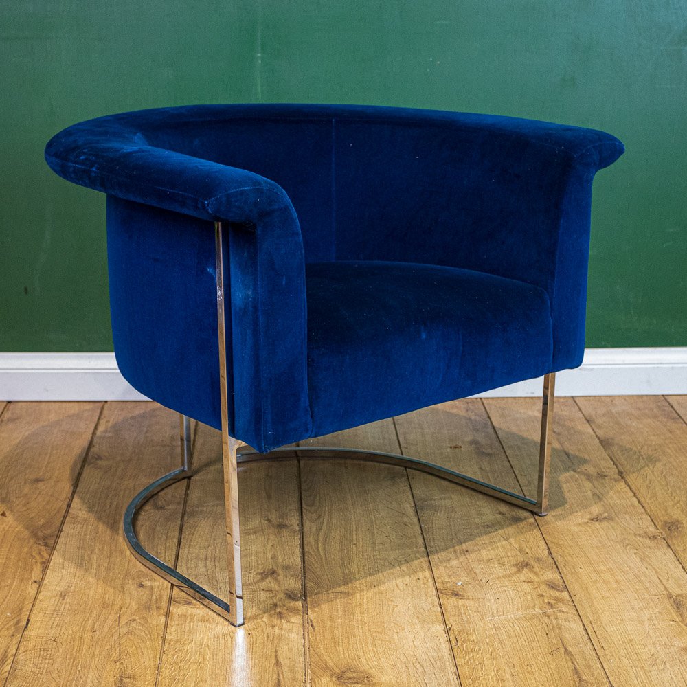 Chrome Framed Barrel Back Blue Tub Armchair
