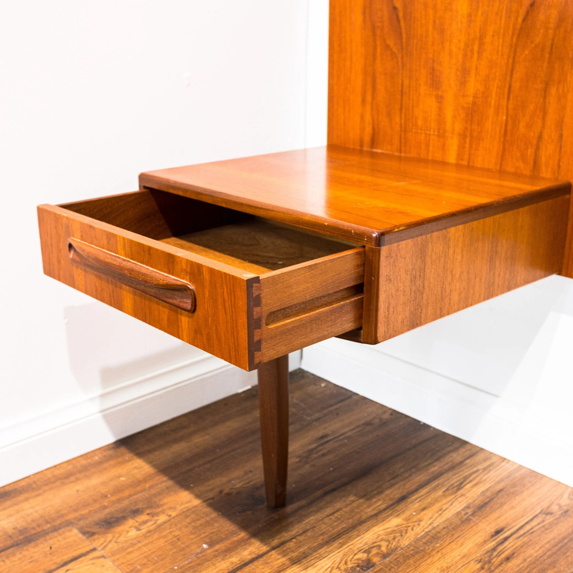 G Plan Fresco Teak Double Button Back Headboard with Floating Bedside Cabinets by V. B. Wilkins