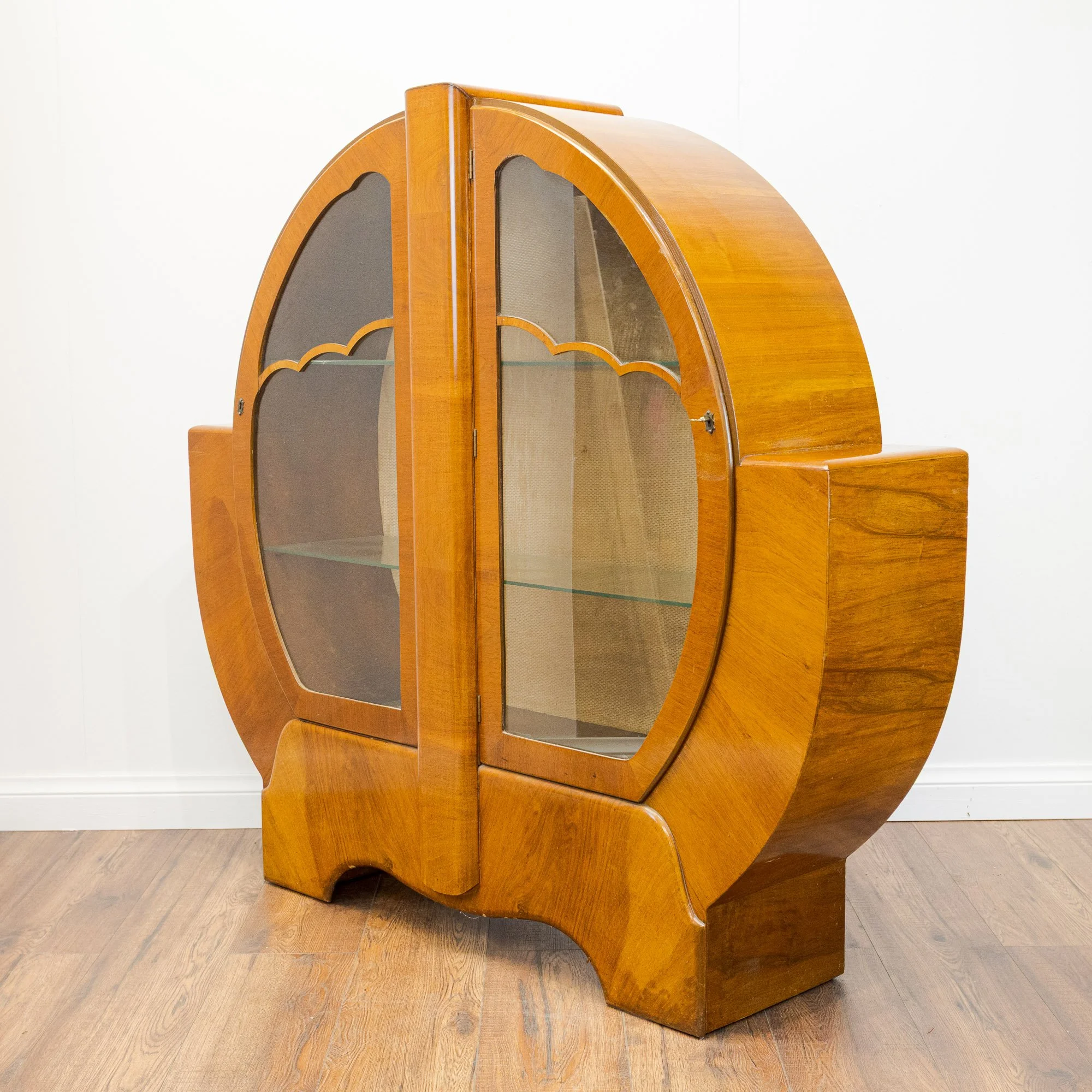 Art Deco Walnut Circular Shouldered Display Cabinet