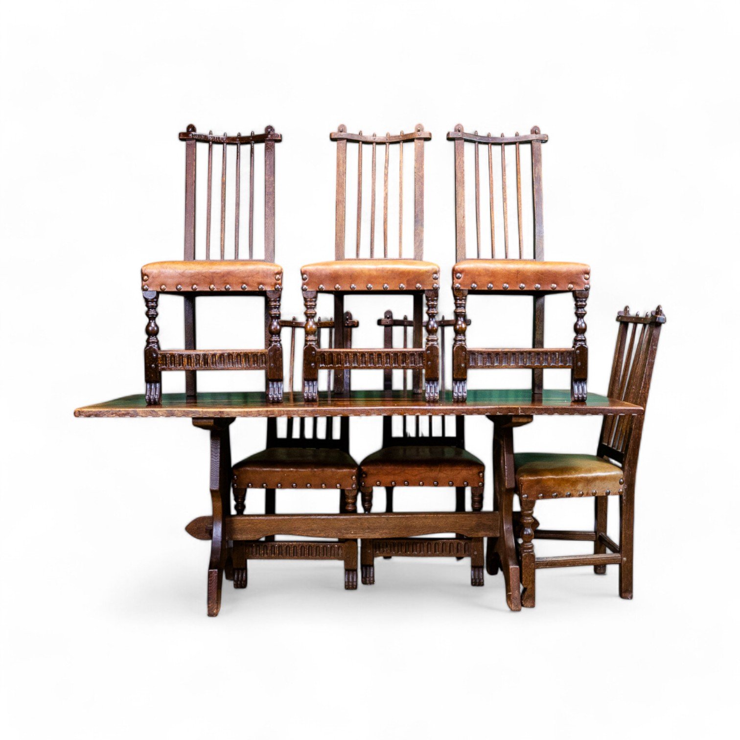 Nigel/Rupert Griffiths Carved Oak Dining Table & 6 Leather Chairs