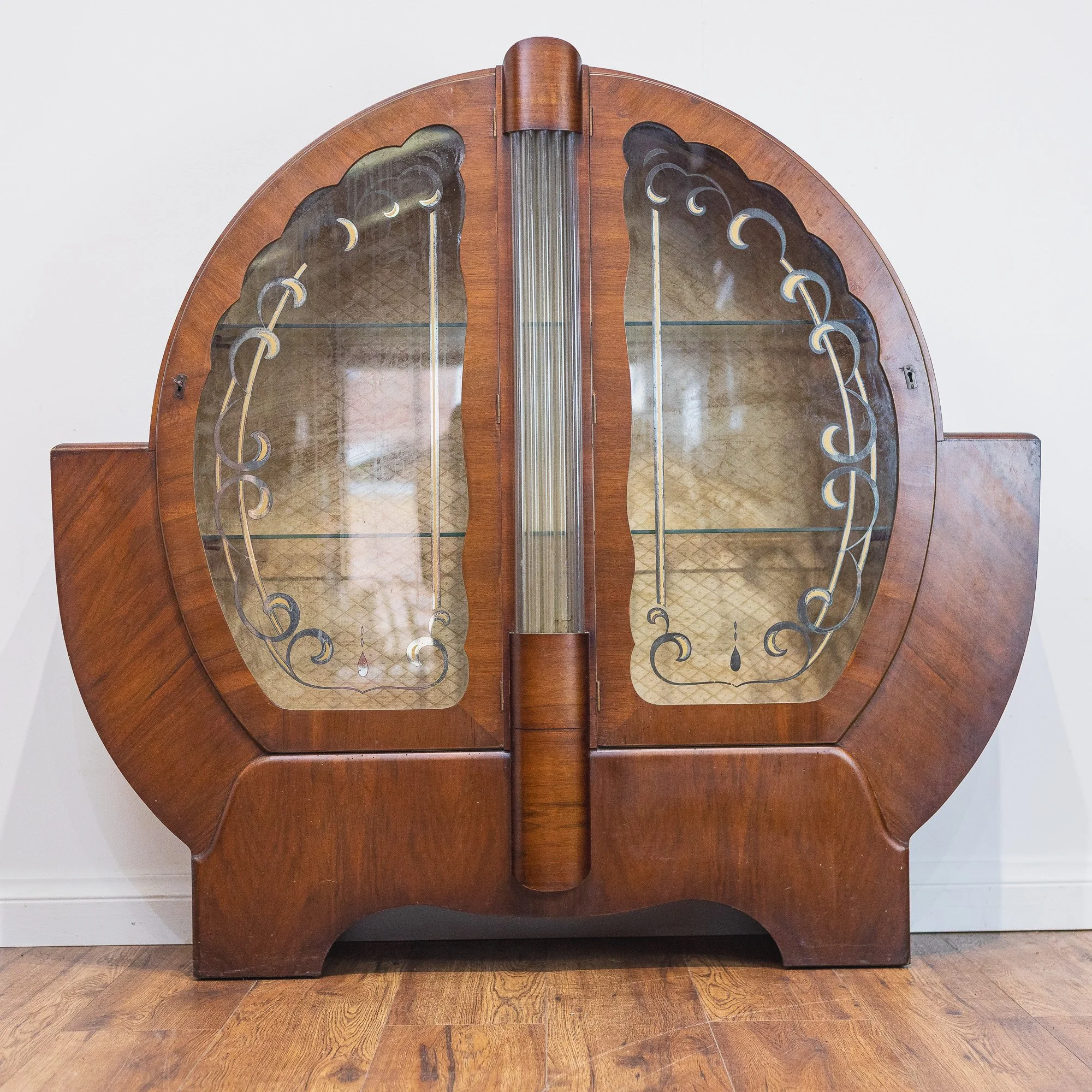 30. Art Deco Walnut Round Glass Door Display Cabinet-1.jpg