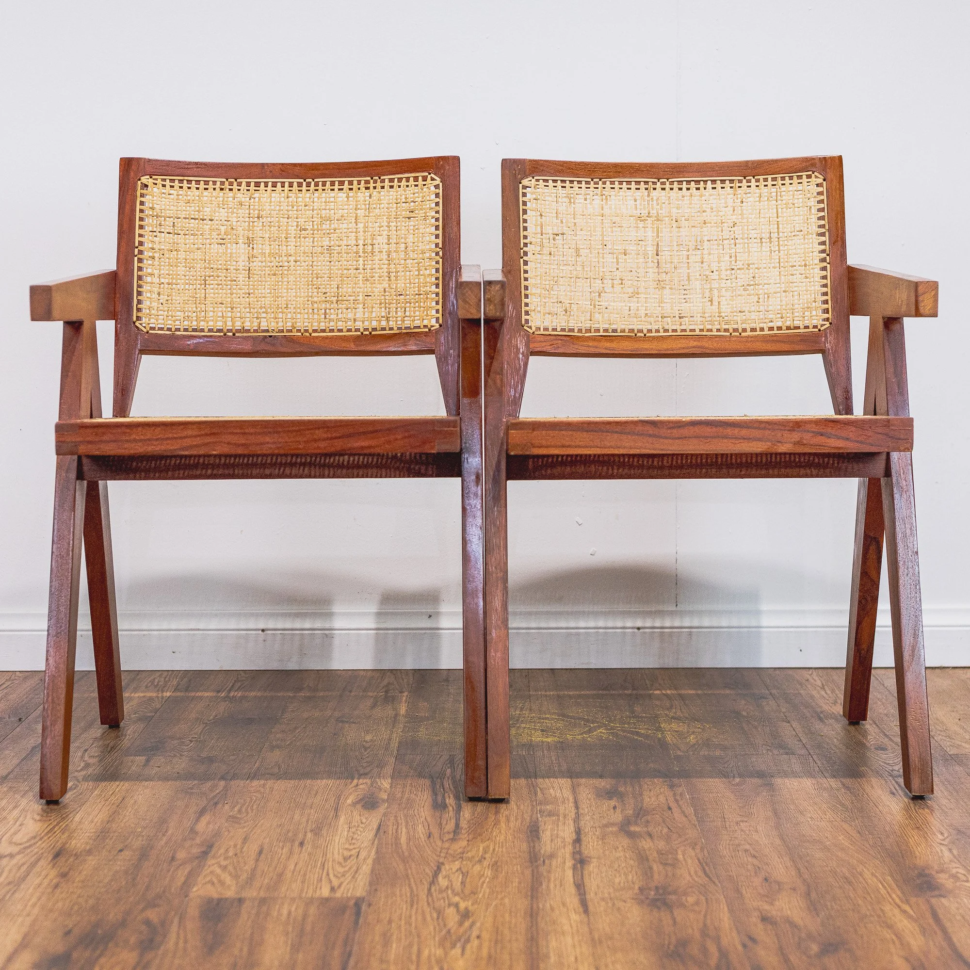 Pierre Jeanerette Style Teak and Cane Boomerang Chairs x2-8.jpg