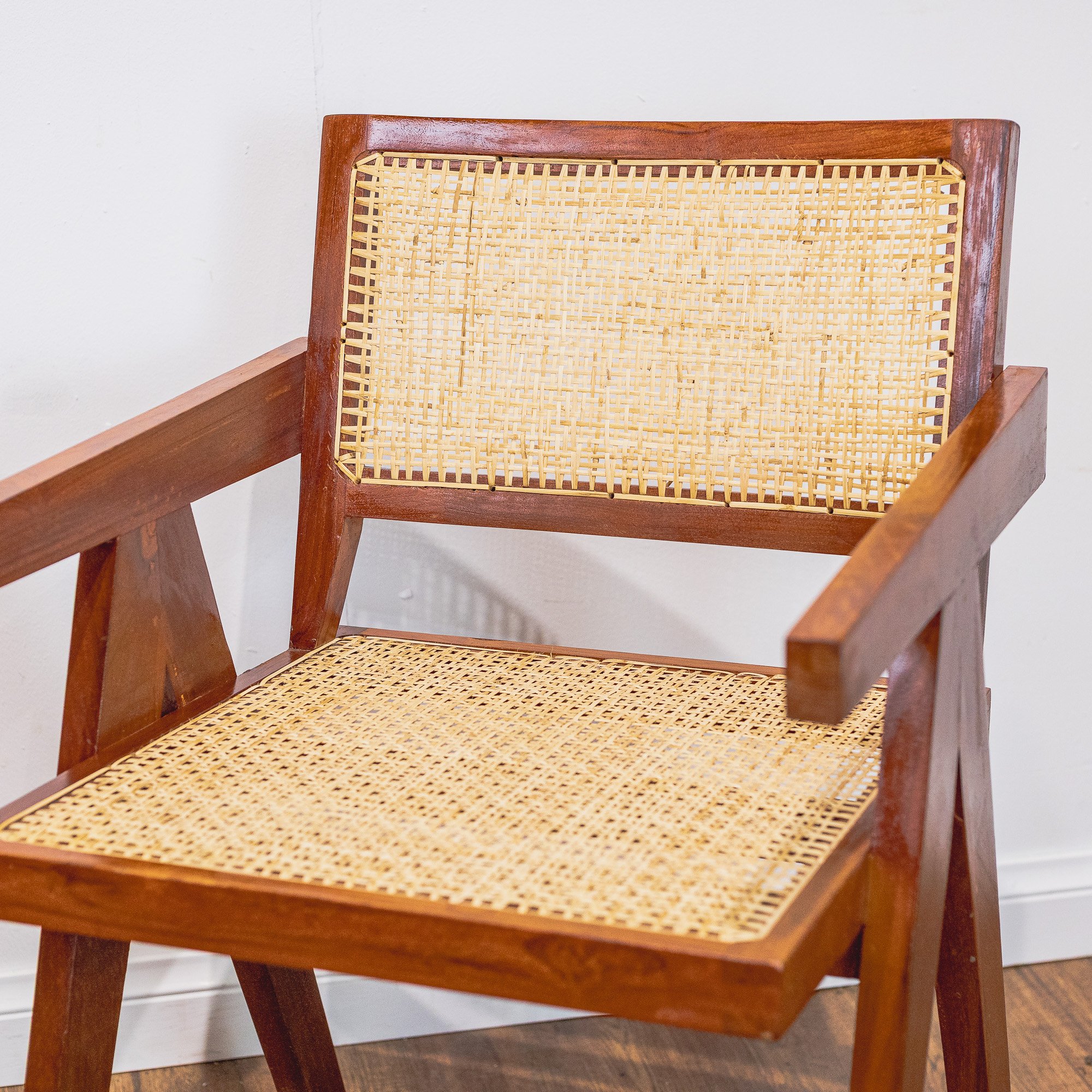 Pierre Jeanerette Style Teak and Cane Boomerang Chairs and Footstool-9.jpg
