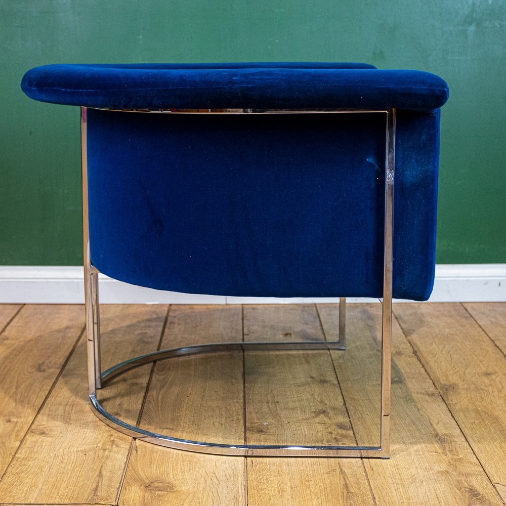 Chrome Framed Barrel Back Blue Tub Armchair