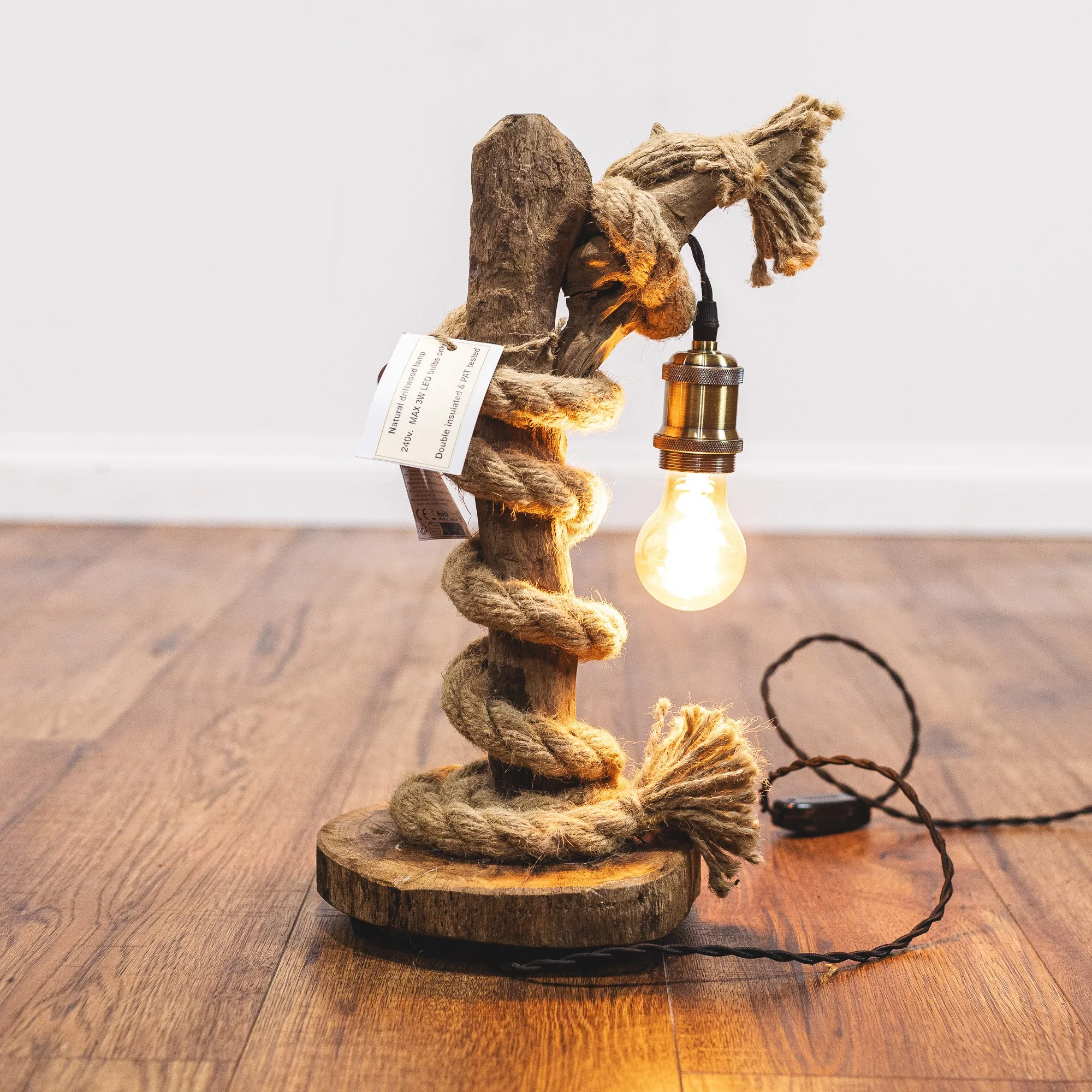 Handcrafted Natural Driftwood and Rope Twist Table Lamp