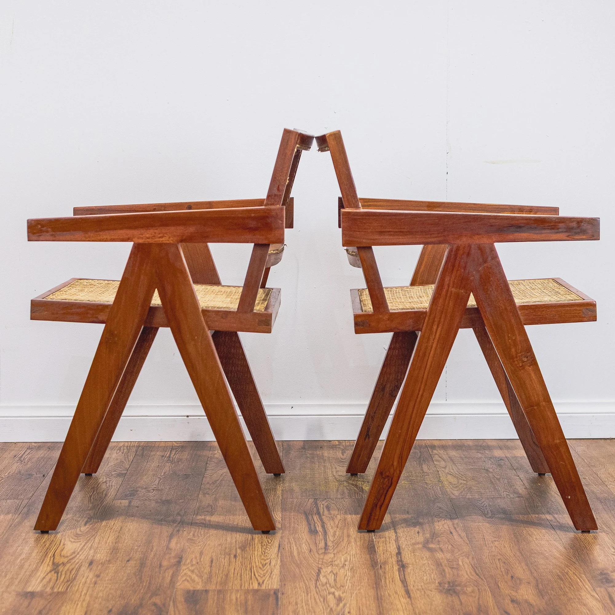 Pierre Jeanerette Style Teak and Cane Boomerang Chairs x2-10.jpg