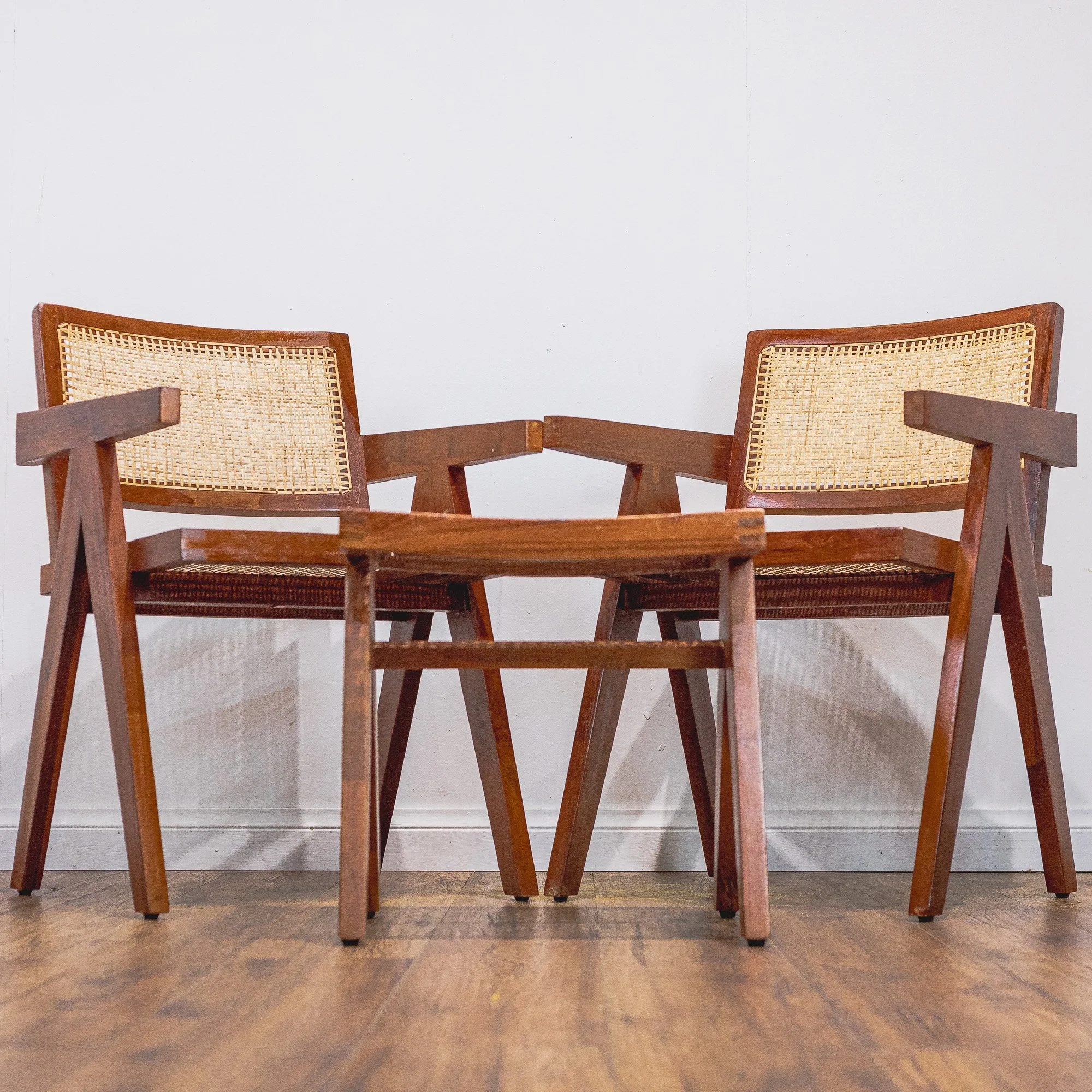 Pierre Jeanerette Style Teak and Cane Boomerang Chairs and Footstool-2.jpg