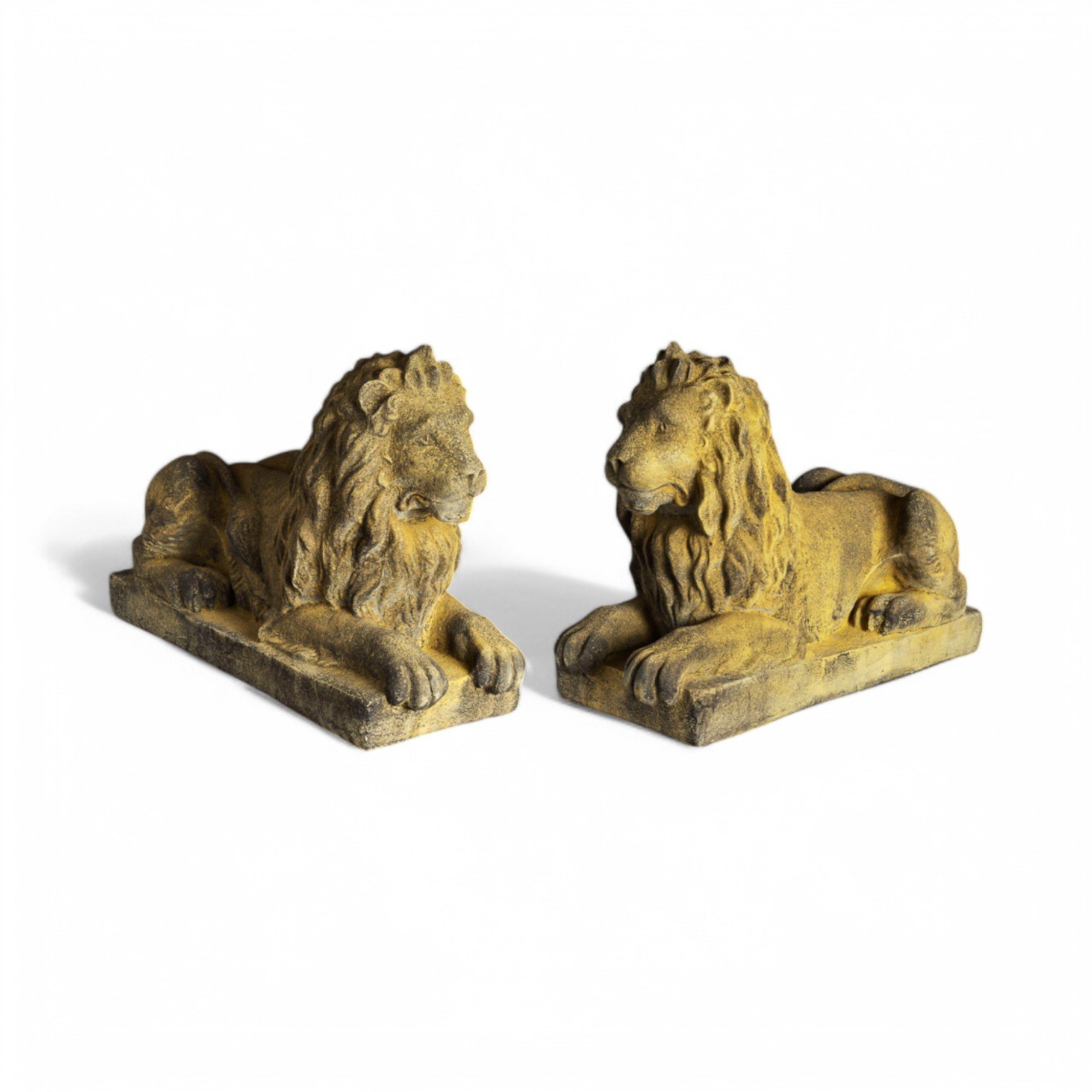 English Stone Pair of Large Langport Lions Laying down on plinth bases
