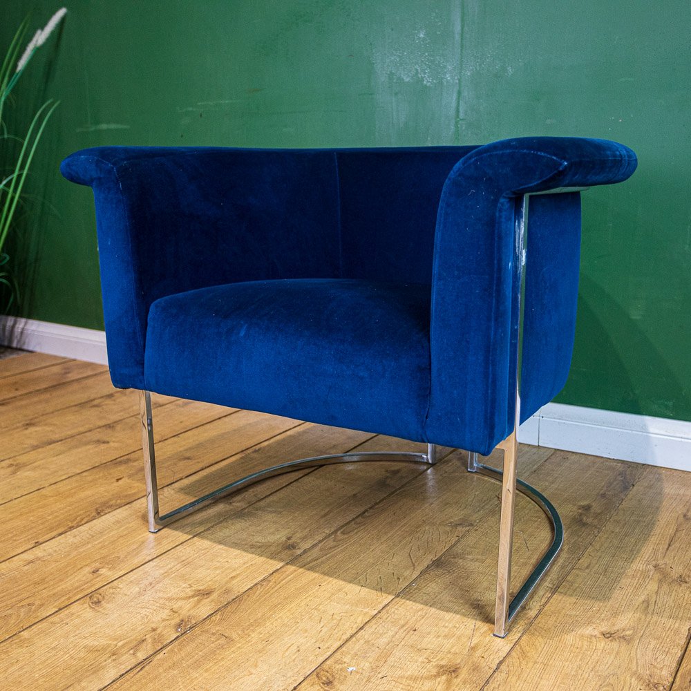 Chrome Framed Barrel Back Blue Tub Armchair