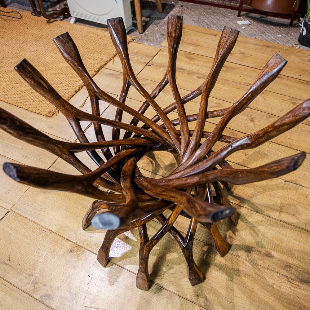 African Hardwood Glass Top 12 Division Root Side Table