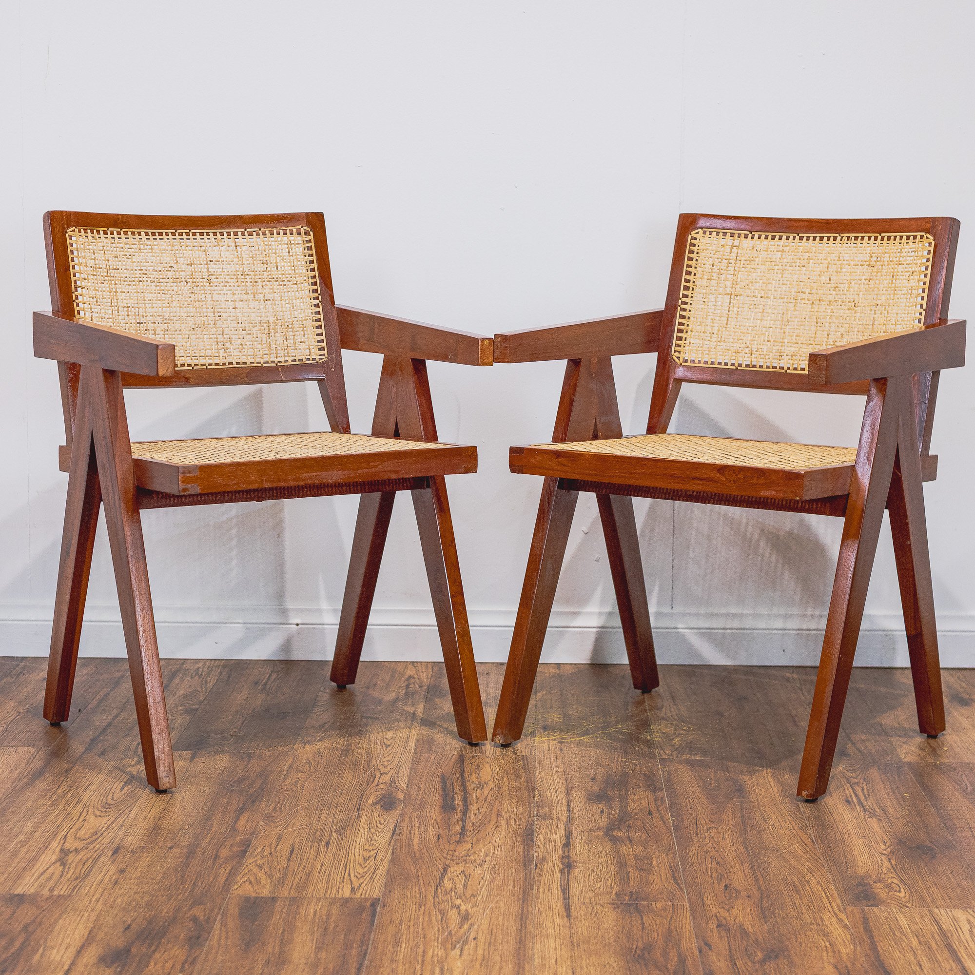Pierre Jeanerette Style Teak and Cane Boomerang Chairs and Footstool-6.jpg