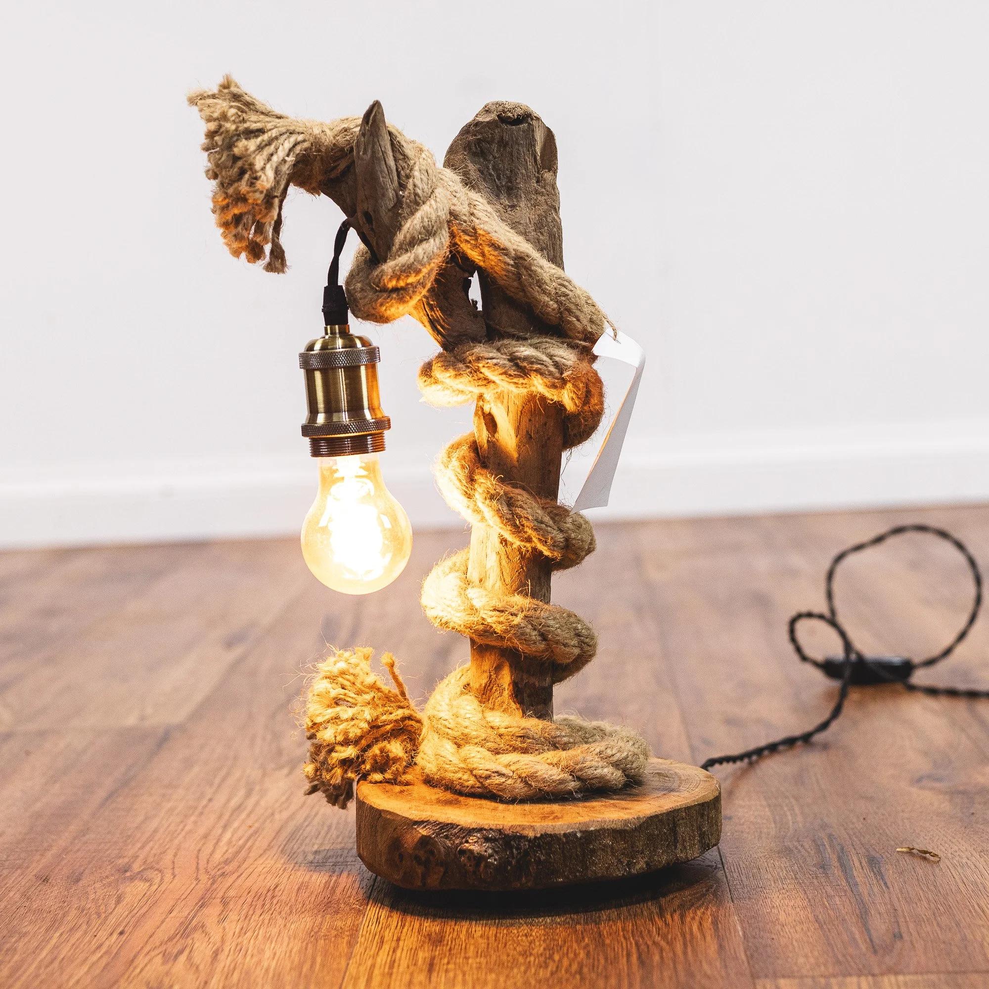 Handcrafted Natural Driftwood and Rope Twist Table Lamp