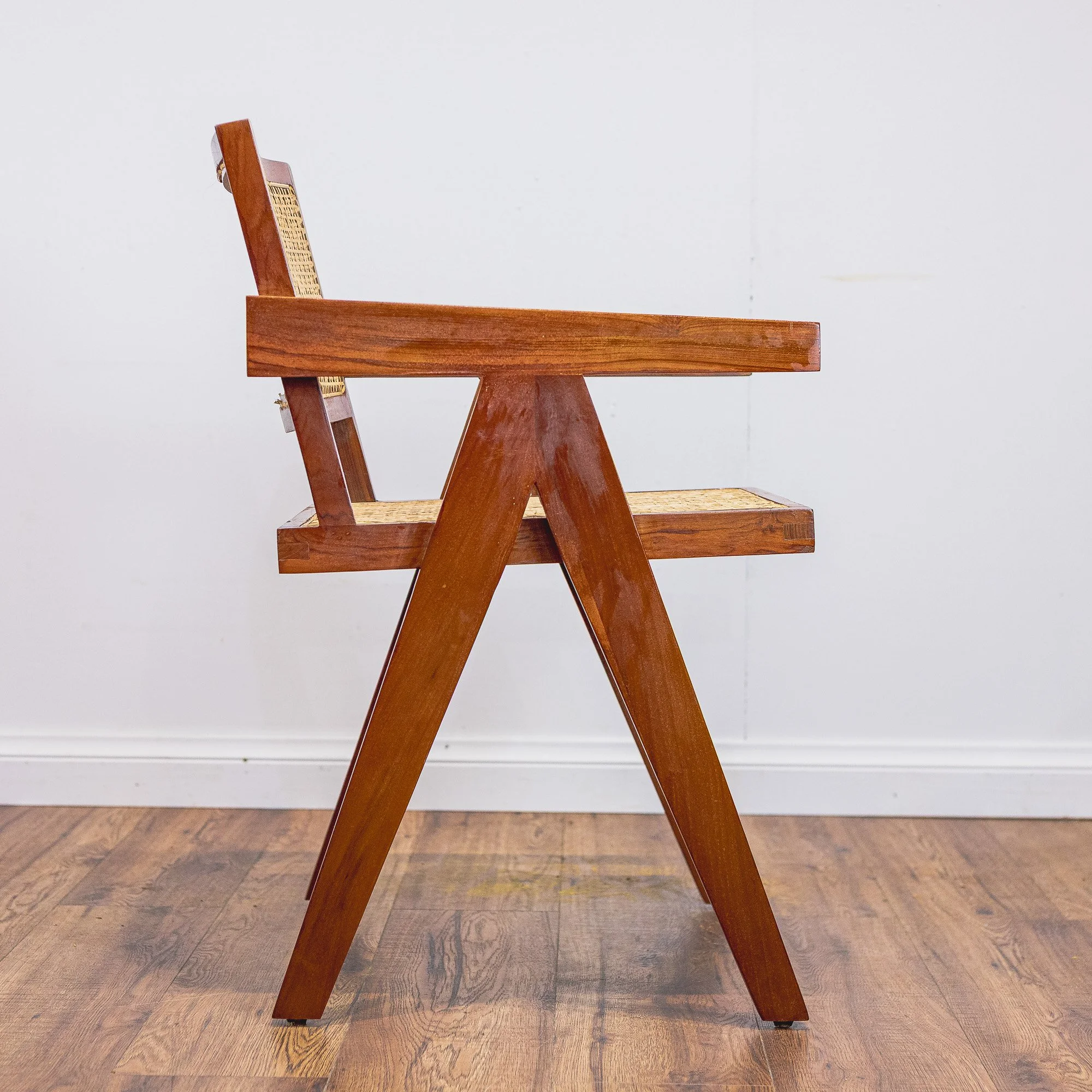 Pierre Jeanerette Style Teak and Cane Boomerang Chairs and Footstool-13.jpg