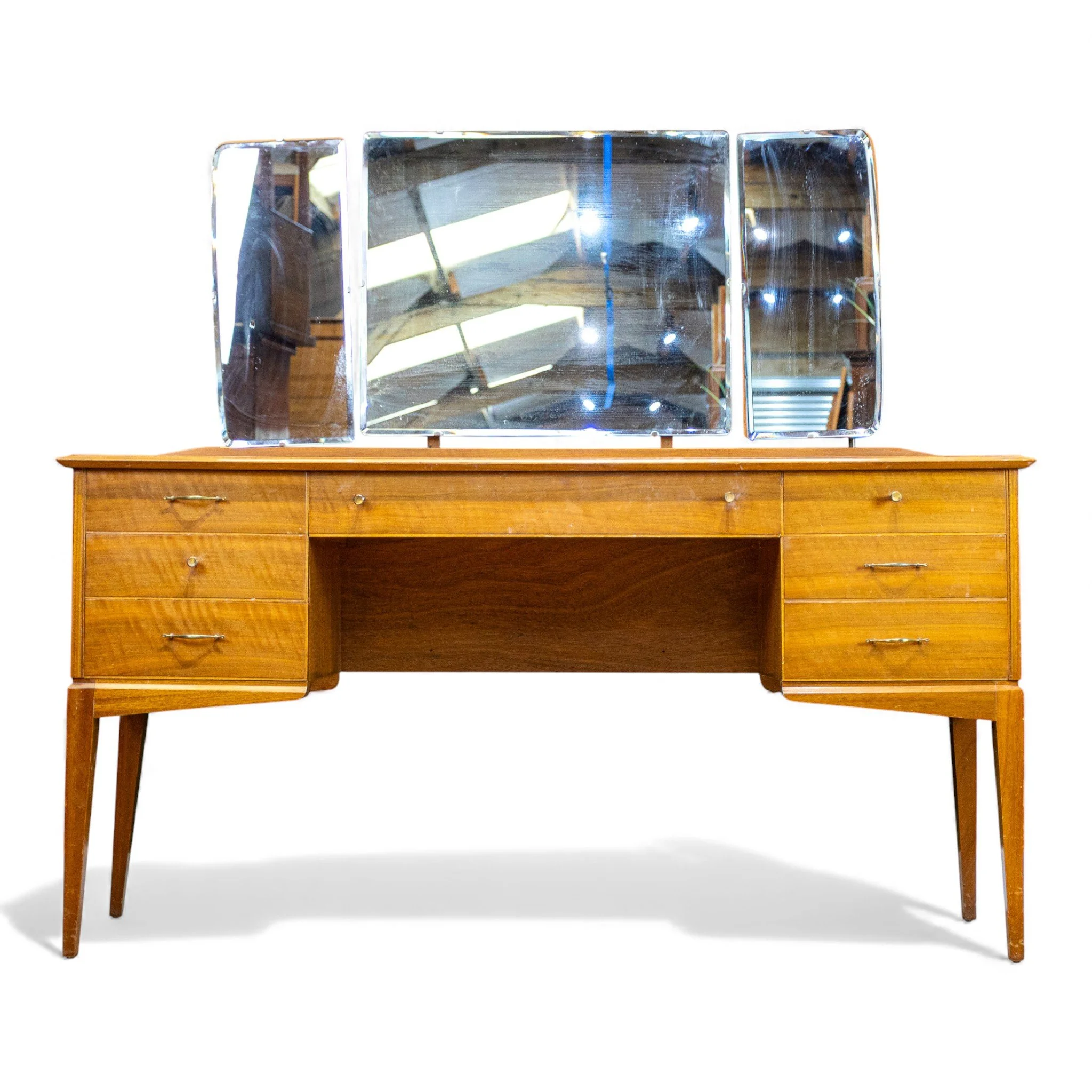 Alfred Cox Walnut Triple Mirror Dressing Table