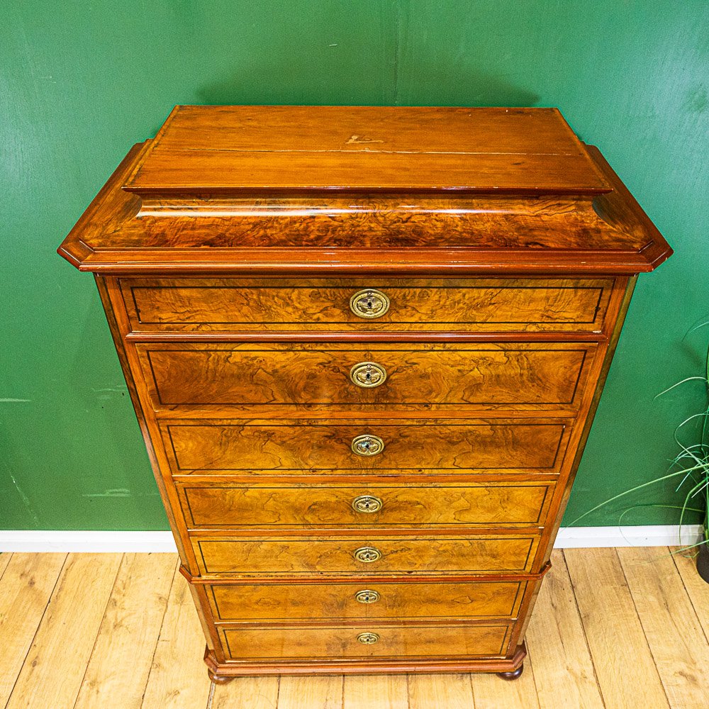 French Burr Walnut Semainier Chest of 7 Drawers