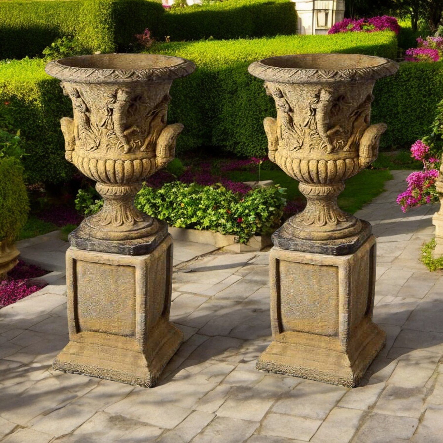 Large English Stone Double Handled Greek Urns