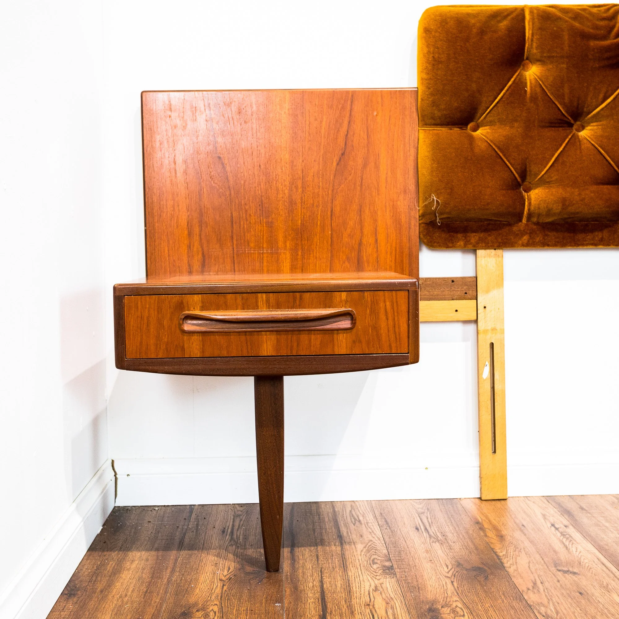 G Plan Fresco Teak Double Button Back Headboard with Floating Bedside Cabinets by V. B. Wilkins