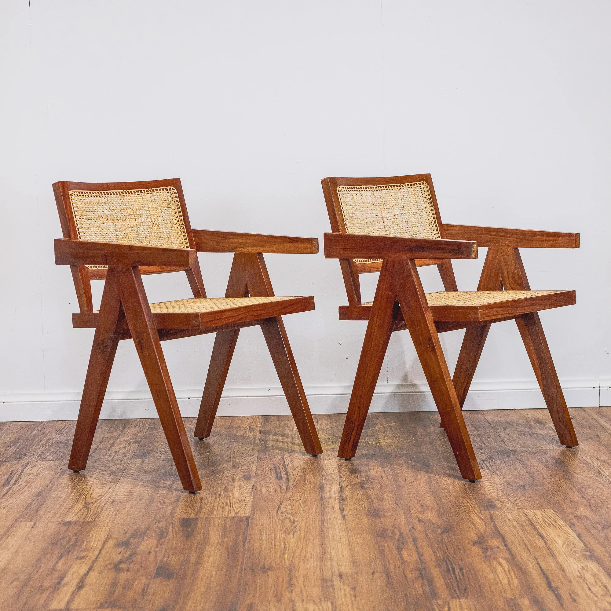 Pierre Jeanerette Style Teak and Cane Boomerang Chairs x2-9.jpg