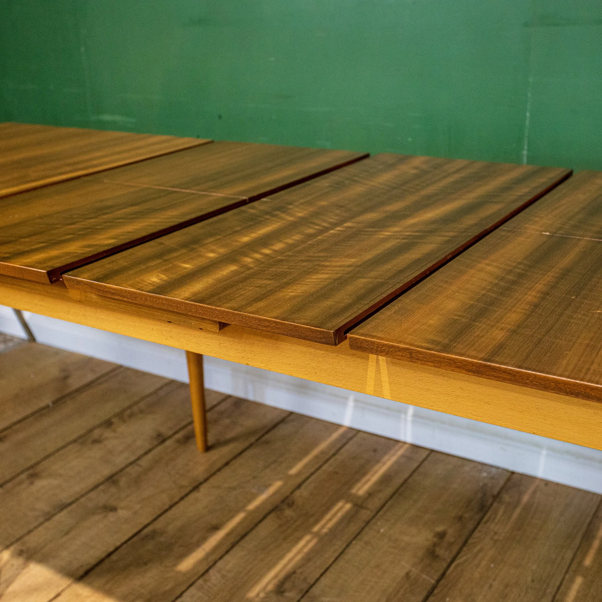 1960s Blonde Walnut Triple Folding Leaf Extending Dining Table