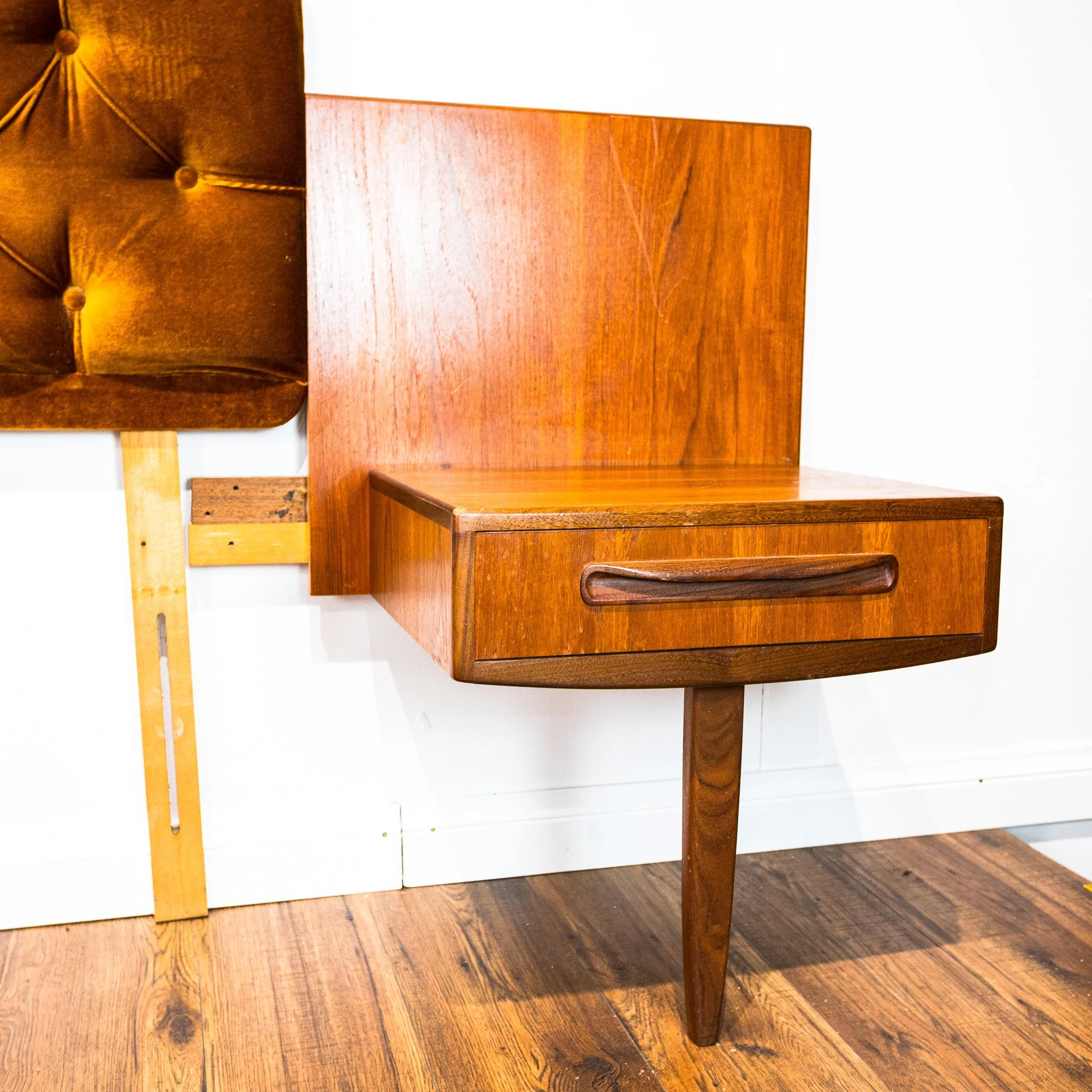 G Plan Fresco Teak Double Button Back Headboard with Floating Bedside Cabinets by V. B. Wilkins