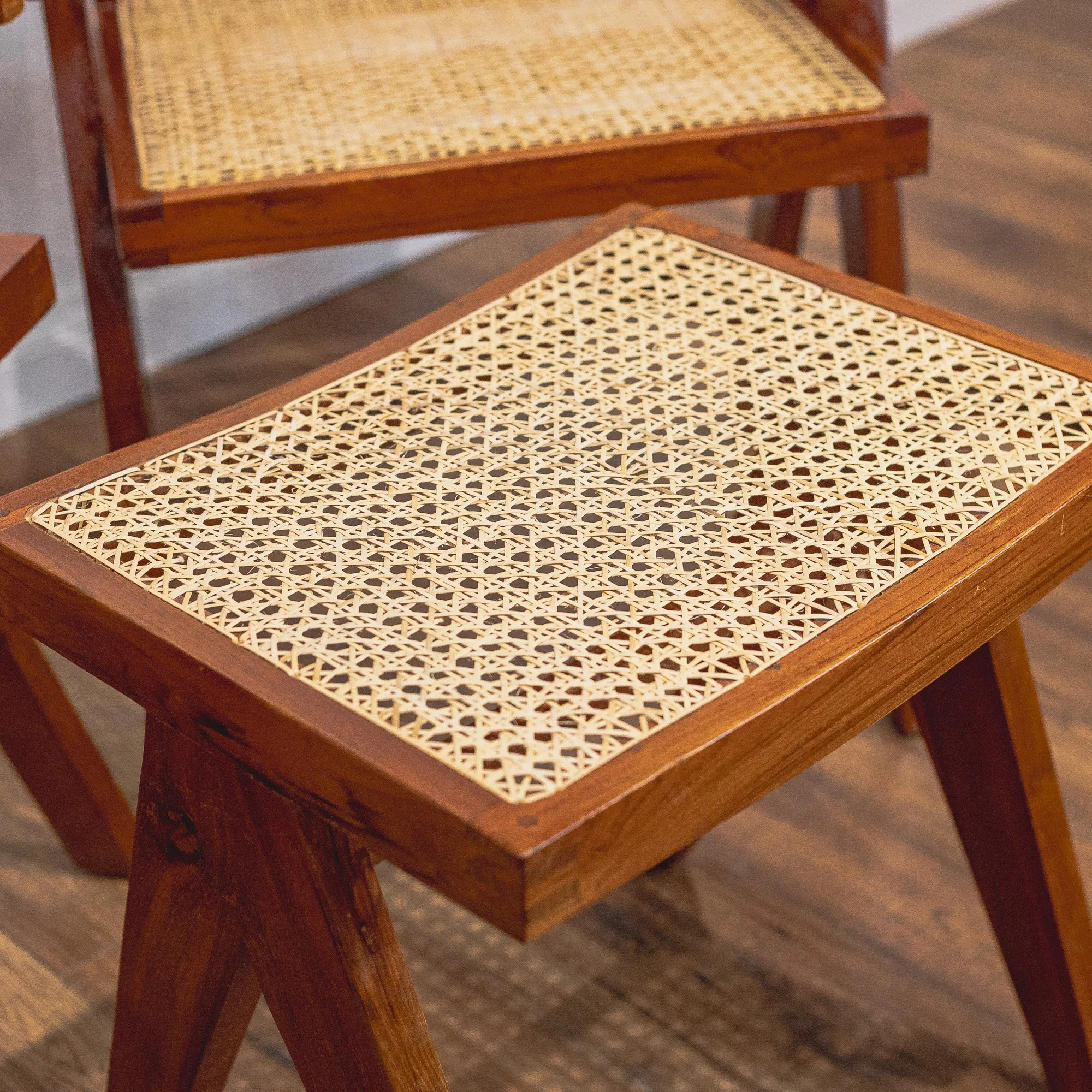 Pierre Jeanerette Style Teak and Cane Boomerang Chairs and Footstool-3.jpg