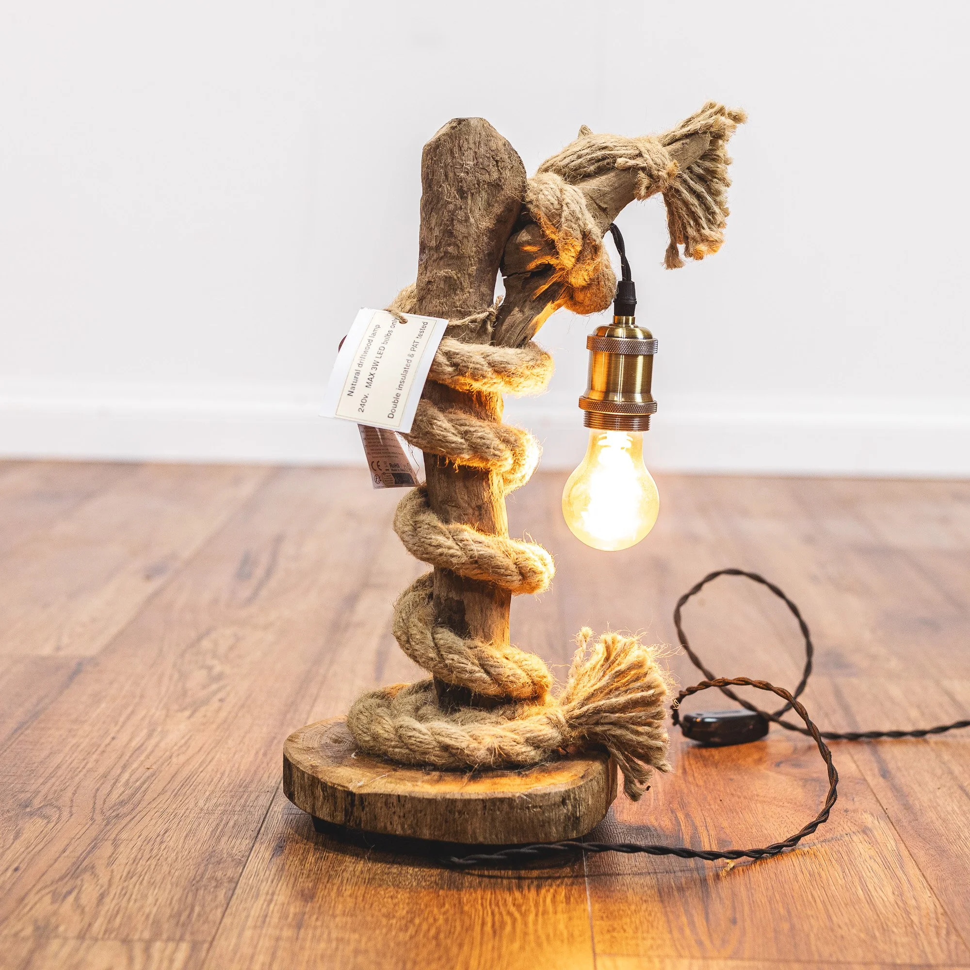 Handcrafted Natural Driftwood and Rope Twist Table Lamp