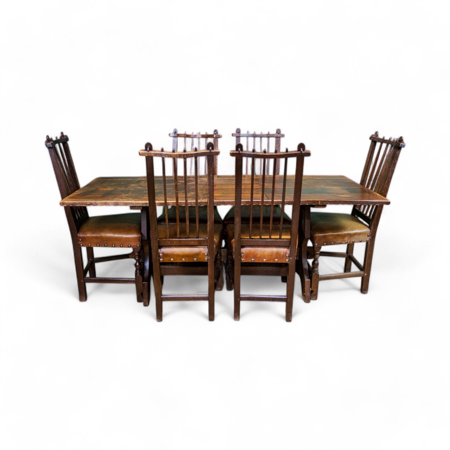 Nigel/Rupert Griffiths Carved Oak Dining Table & 6 Leather Chairs