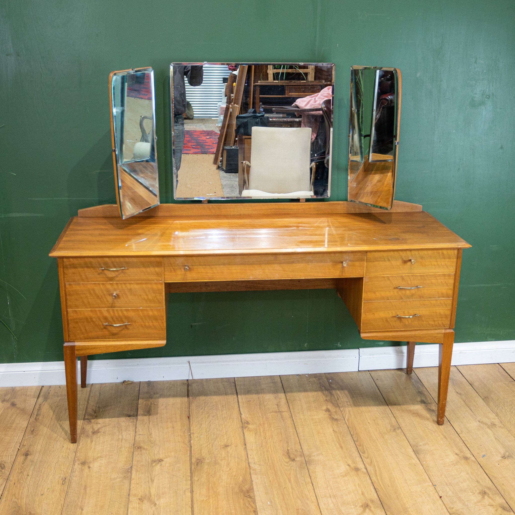 Alfred Cox Walnut Triple Mirror Dressing Table